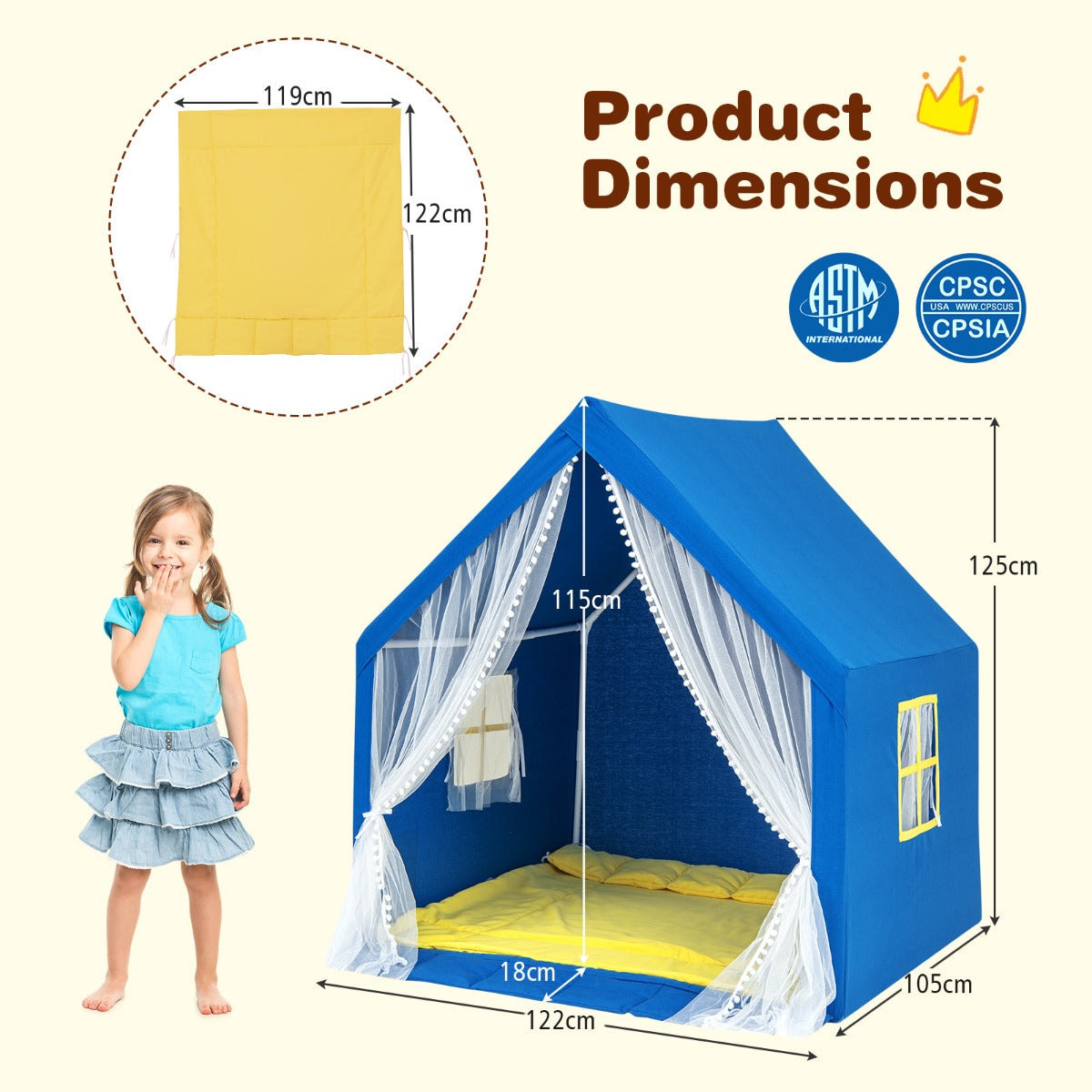 LIVSK Kinderspeeltent met Sterverlichting - Ruime Speelruimte voor 2 Kinderen - Machinewasbare Luifel - Stevige PVC-buizen -