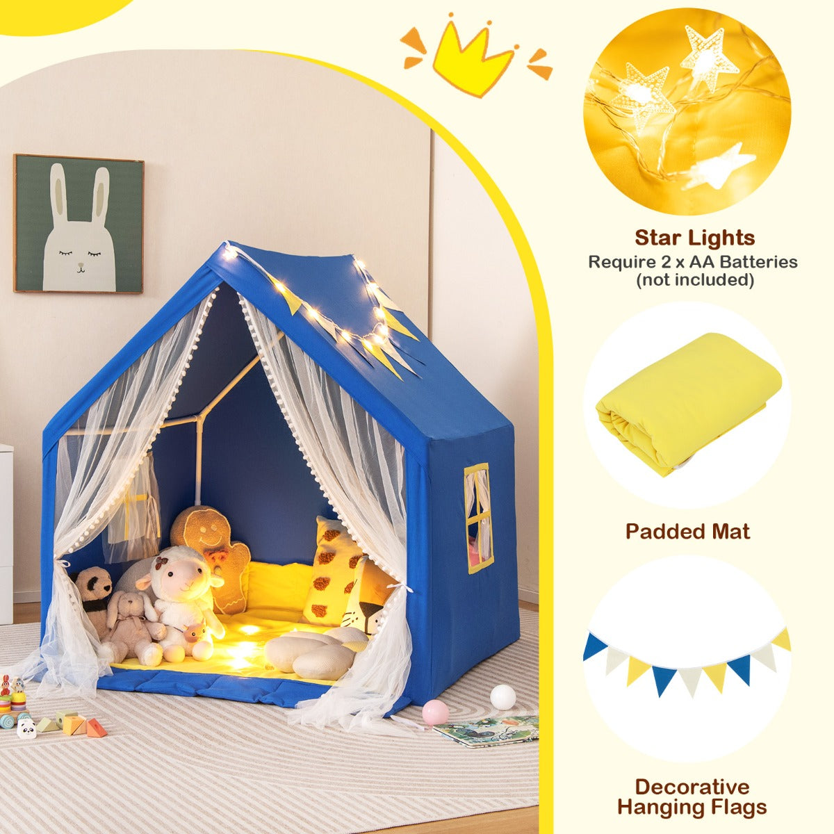 LIVSK Kinderspeeltent met Sterverlichting - Ruime Speelruimte voor 2 Kinderen - Machinewasbare Luifel - Stevige PVC-buizen -