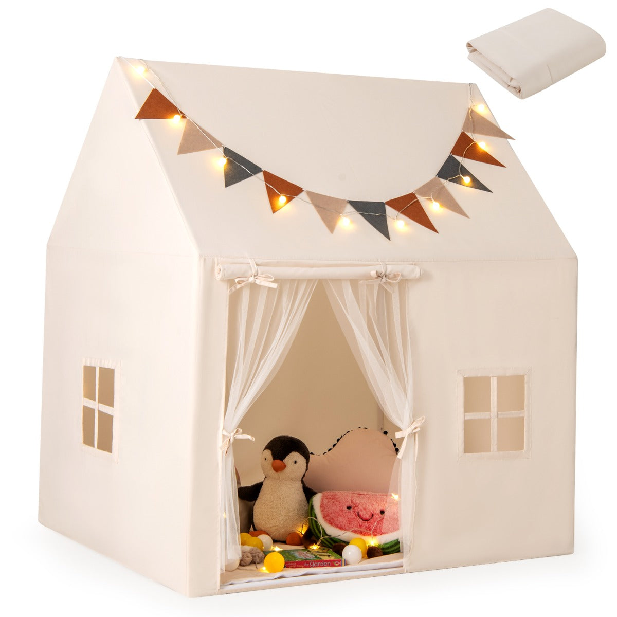 LIVSK Kinderspeeltent Cottagestijl - Gewatteerde Antislipmat - Gordijn met Dubbele Deur - Voor 3 Kinderen - 123 x 107 x 137 cm -
