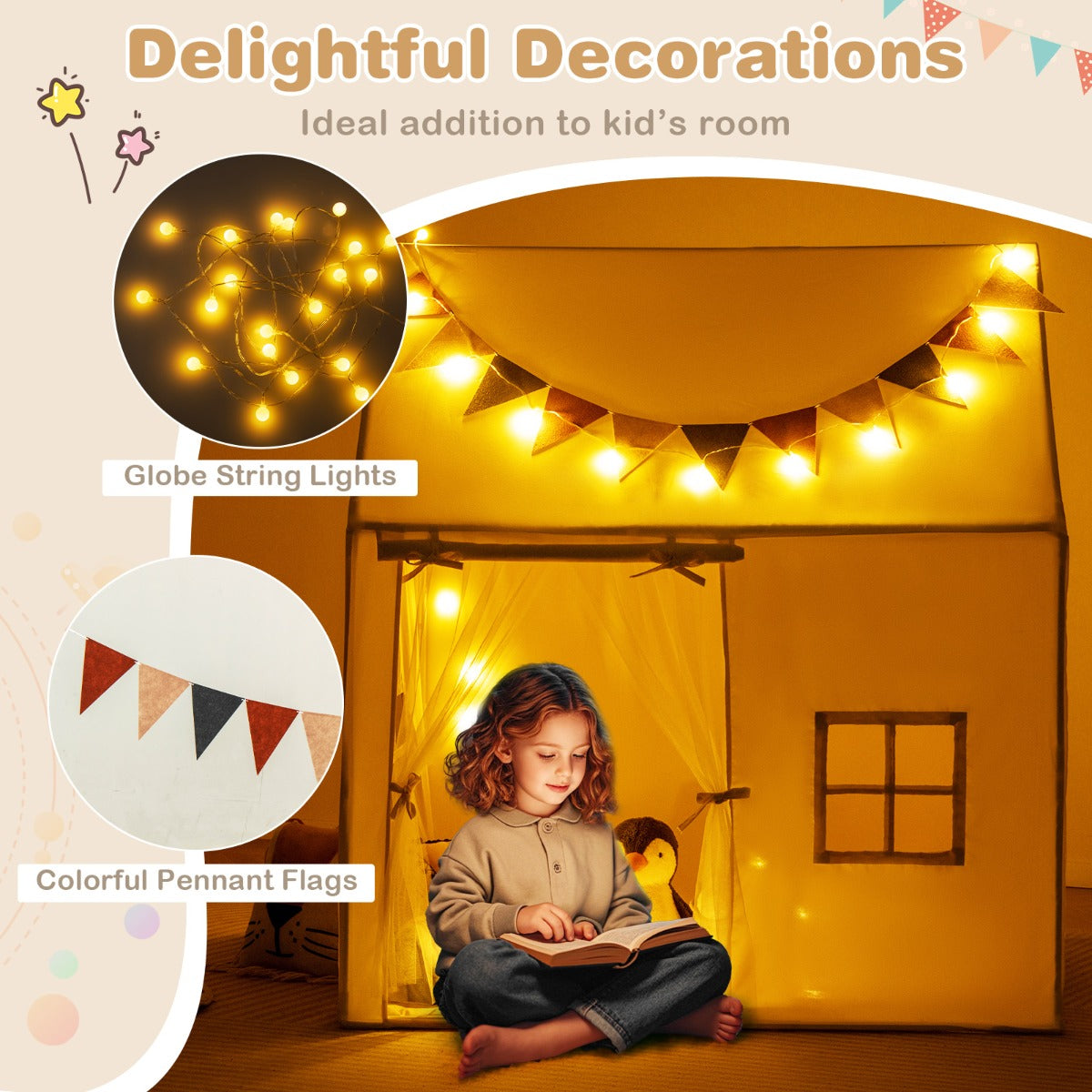 LIVSK Kinderspeeltent Cottagestijl - Gewatteerde Antislipmat - Gordijn met Dubbele Deur - Voor 3 Kinderen - 123 x 107 x 137 cm -