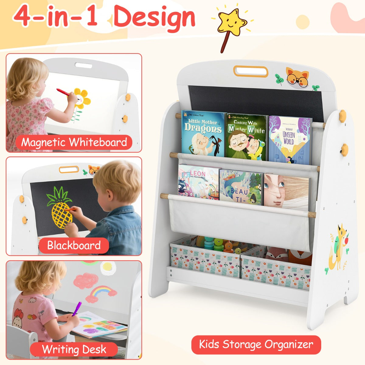 LIVSK 4-in-1 Kindertafel met Stoel - Magnetisch Whiteboard en Krijtbord - Opbergmogelijkheden - Kindveilig - Grijs