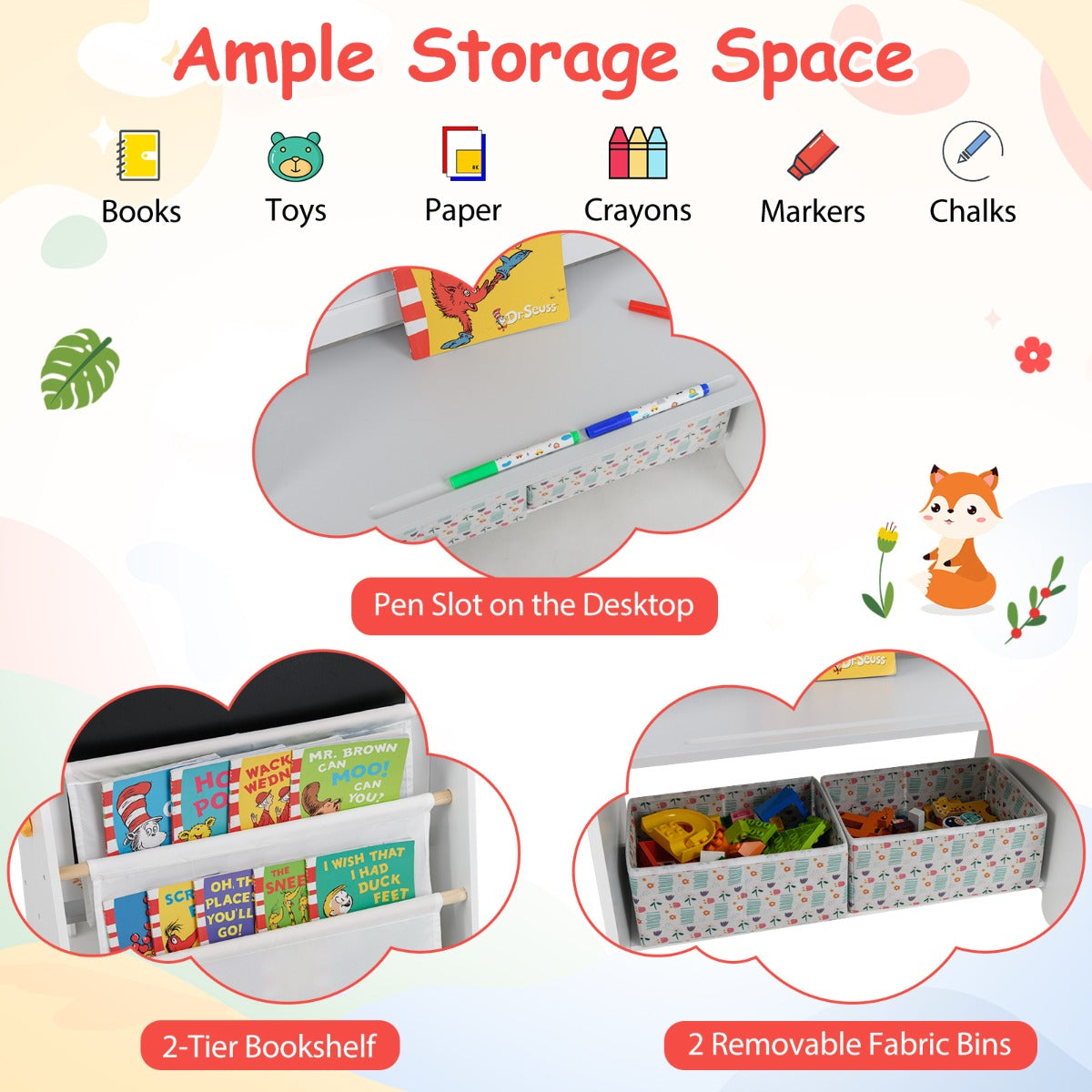 LIVSK 4-in-1 Kindertafel met Stoel - Magnetisch Whiteboard en Krijtbord - Opbergmogelijkheden - Kindveilig - Grijs
