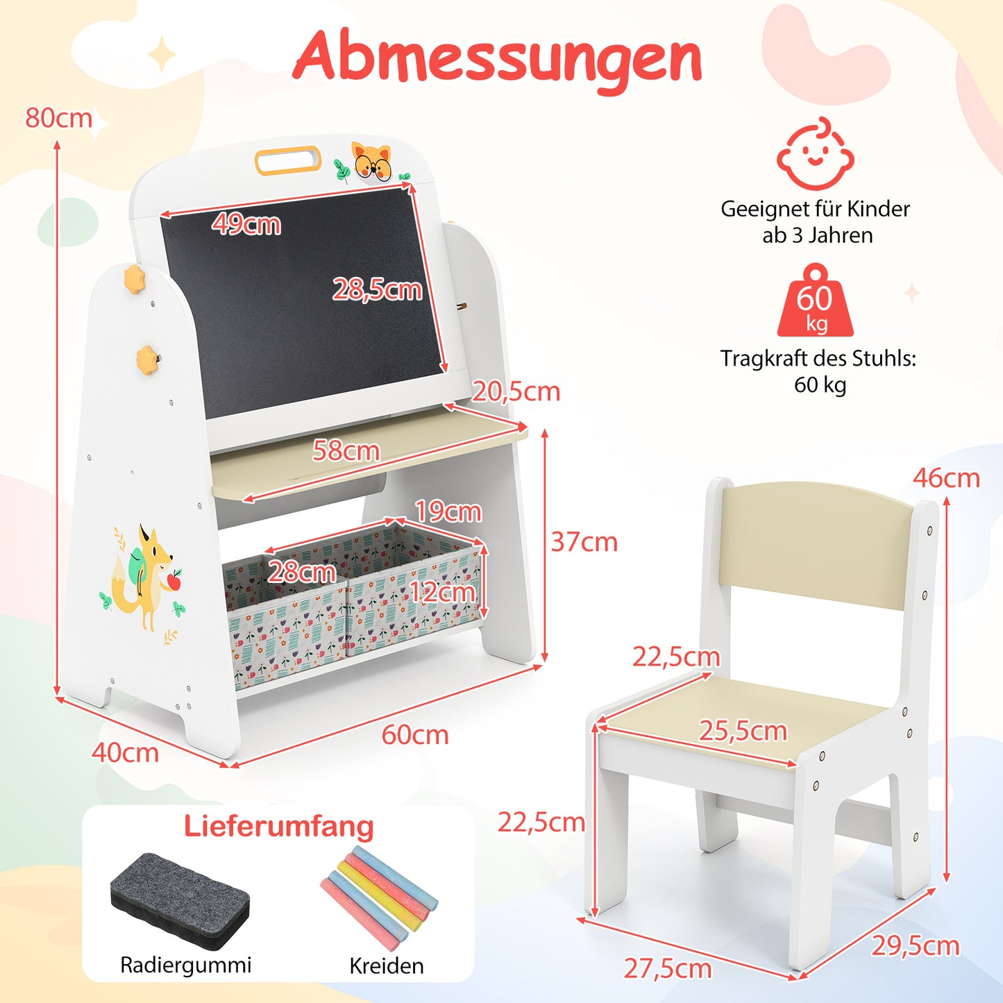 LIVSK 4-in-1 Kindertafel met Stoel - Magnetisch Whiteboard en Schoolbord - Boekenrek en Opbergbakken - Veilig en Duurzaam - Natuur
