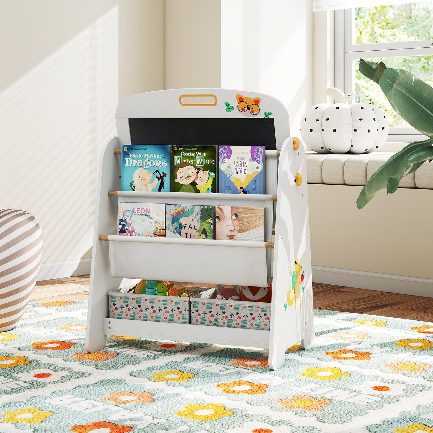 LIVSK 4-in-1 Kindertafel met Stoel - Magnetisch Whiteboard en Schoolbord - Boekenrek en Opbergbakken - Veilig en Duurzaam - Natuur