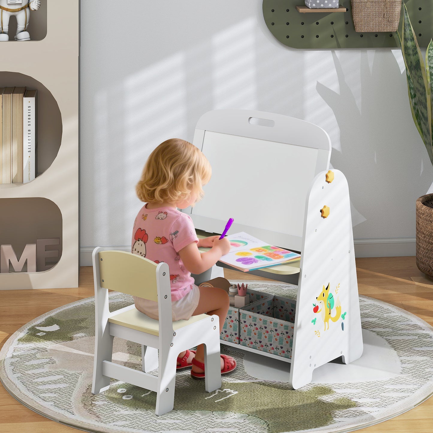 LIVSK 4-in-1 Kindertafel met Stoel - Magnetisch Whiteboard en Schoolbord - Boekenrek en Opbergbakken - Veilig en Duurzaam - Natuur