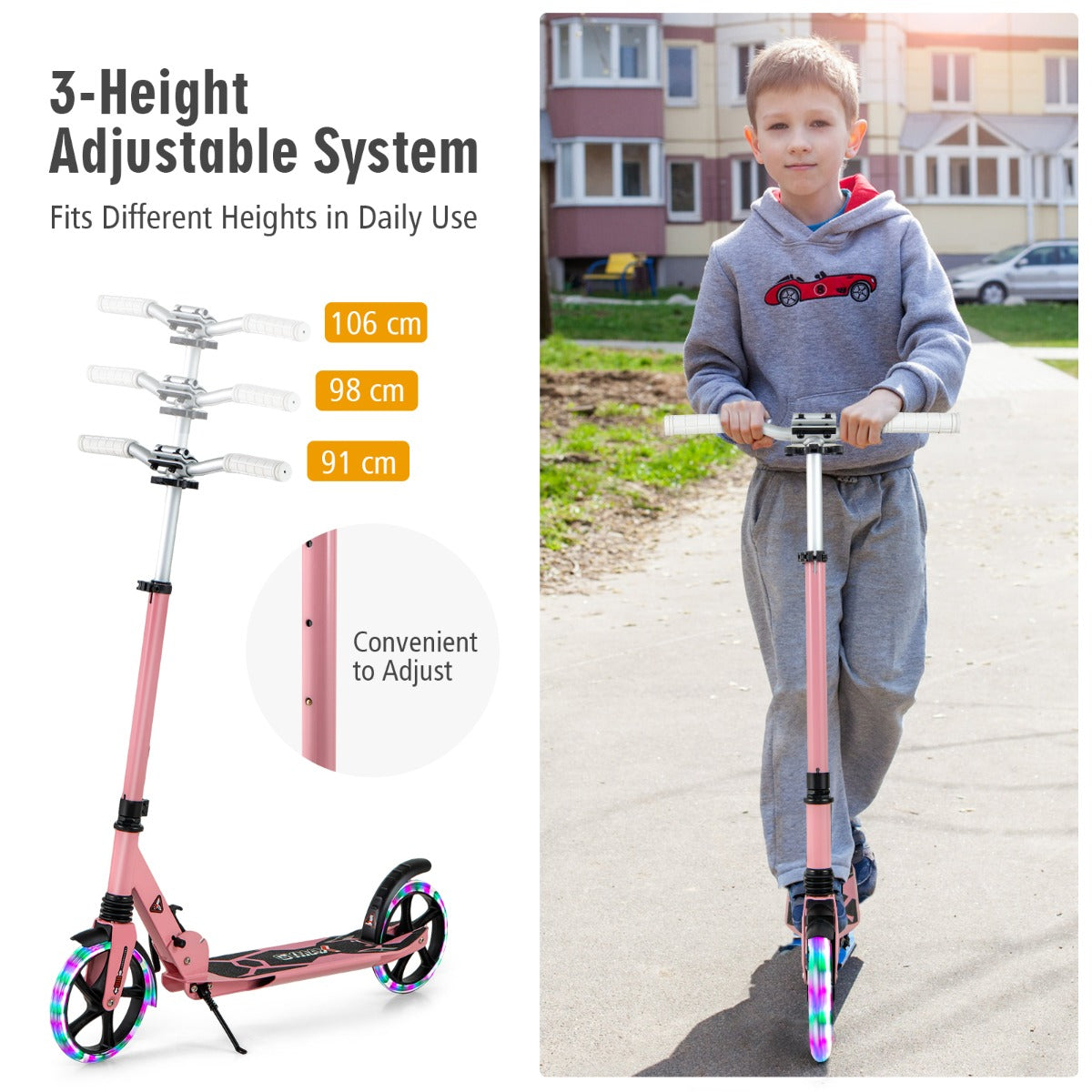 LIVSK Opvouwbare Kinderstep - Verstelbaar Stuur - LED Wielen - Aluminium - Tot 100 kg - Voor 8 jaar en ouder - Roze