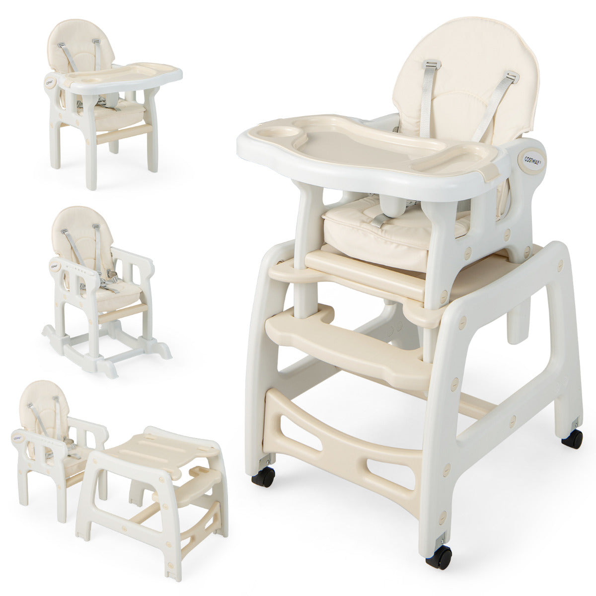 LIVSK Converteerbare Kinderstoel - 3-in-1 Schommelstoel, Stoel en Tafel - Verstelbare Rugleuning - Afneembaar Dienblad - Beige