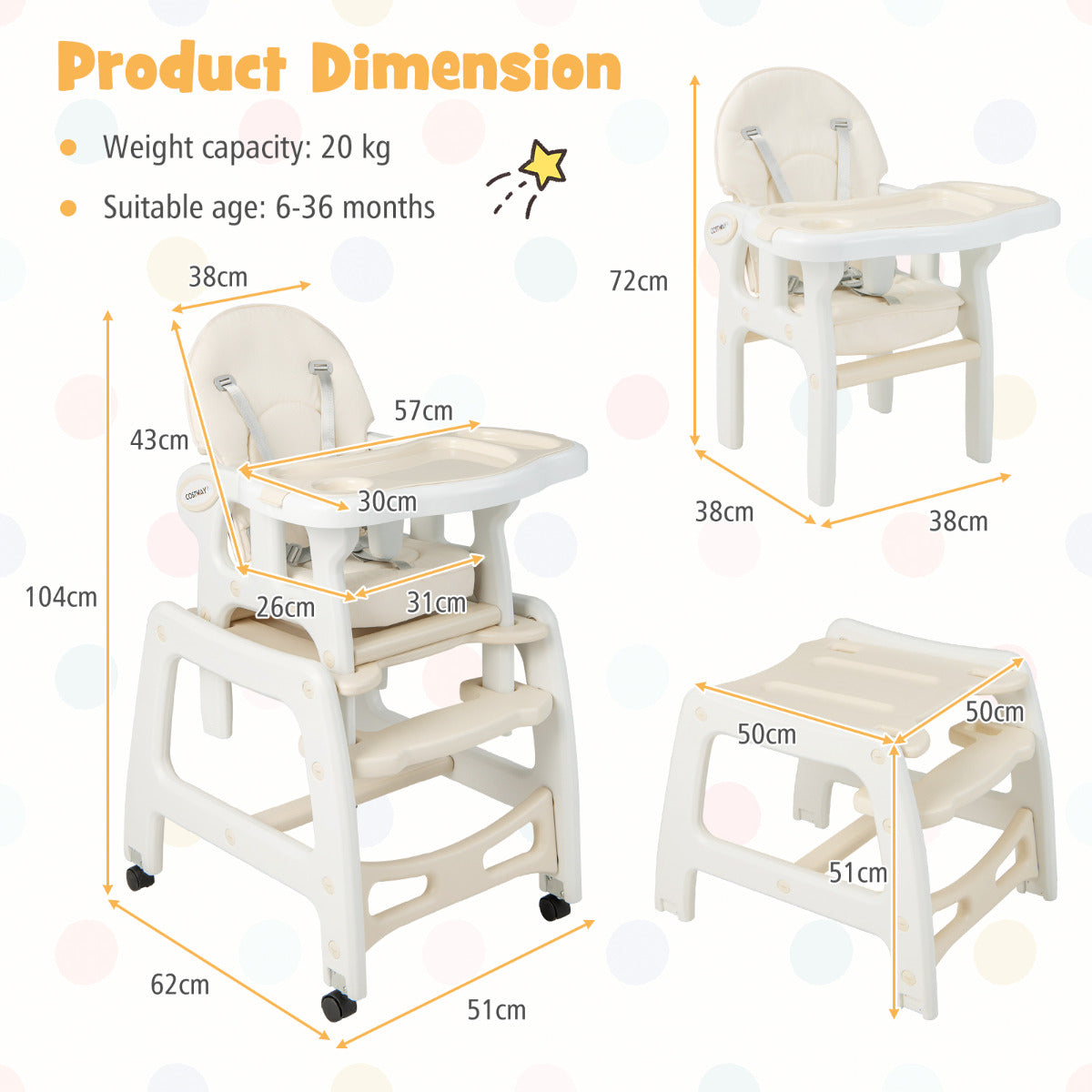 LIVSK Converteerbare Kinderstoel - 3-in-1 Schommelstoel, Stoel en Tafel - Verstelbare Rugleuning - Afneembaar Dienblad - Beige
