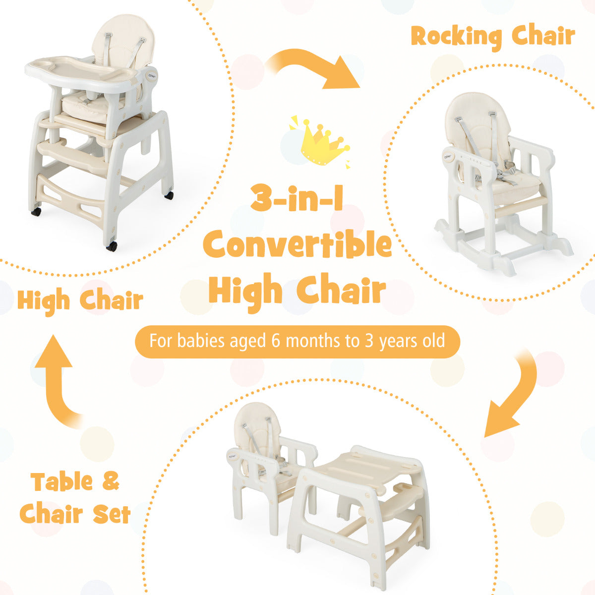 LIVSK Converteerbare Kinderstoel - 3-in-1 Schommelstoel, Stoel en Tafel - Verstelbare Rugleuning - Afneembaar Dienblad - Beige