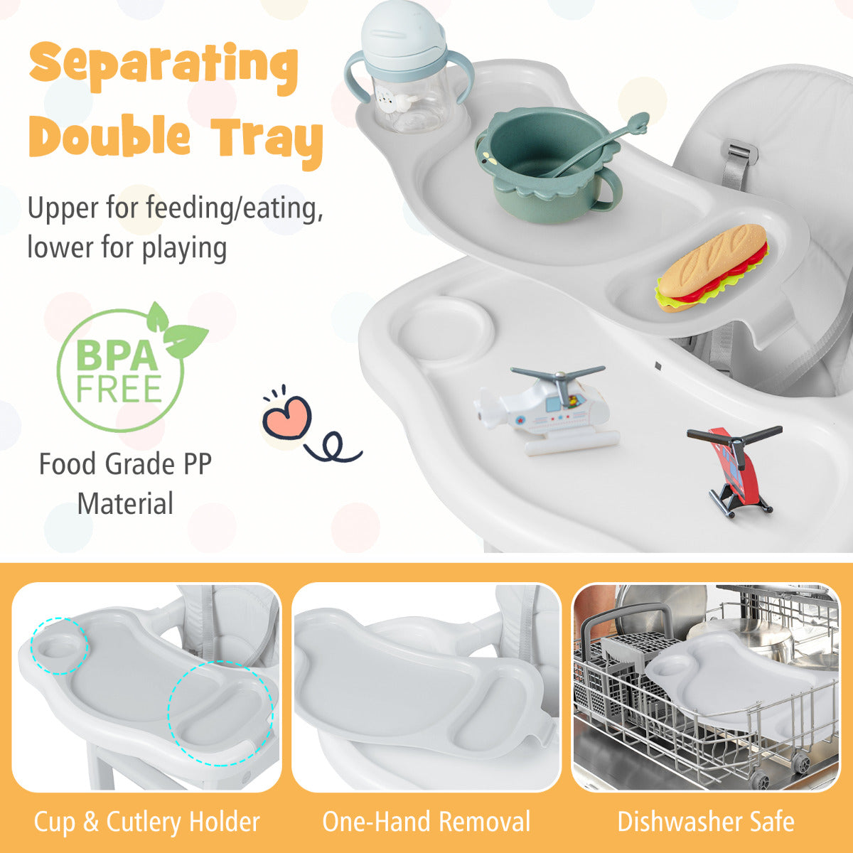 LIVSK 3-in-1 Converteerbare Kinderstoel - Verstelbare Rugleuning - Afneembaar Dienblad - Veiligheidsriem - Tot 20 kg - Grijs