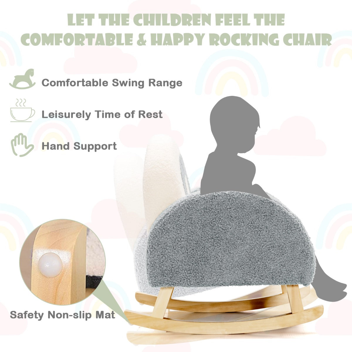 LIVSK Kinderschommelstoel - Ergonomisch Design - Zachte Veloursbekleding - Massief Houten Structuur - Tot 50 kg - Grijs