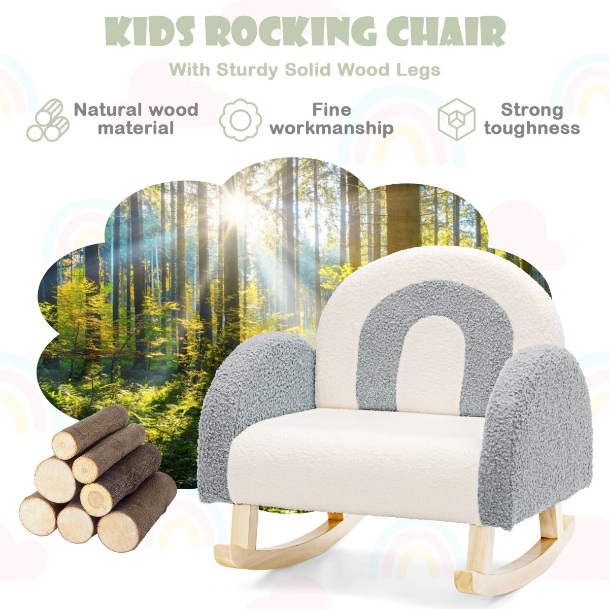 LIVSK Kinderschommelstoel - Ergonomisch Design - Zachte Veloursbekleding - Massief Houten Structuur - Tot 50 kg - Grijs