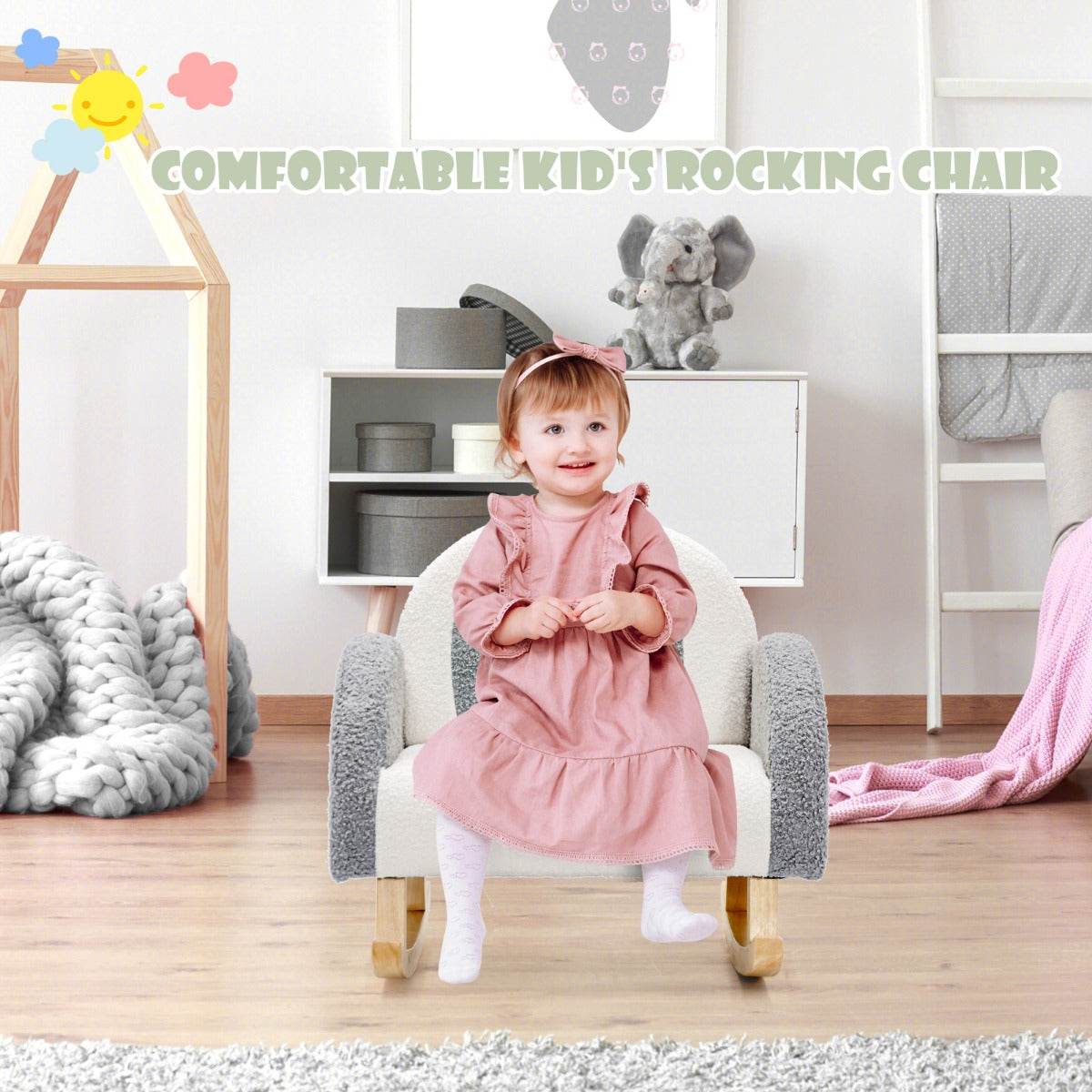 LIVSK Kinderschommelstoel - Ergonomisch Design - Zachte Veloursbekleding - Massief Houten Structuur - Tot 50 kg - Grijs