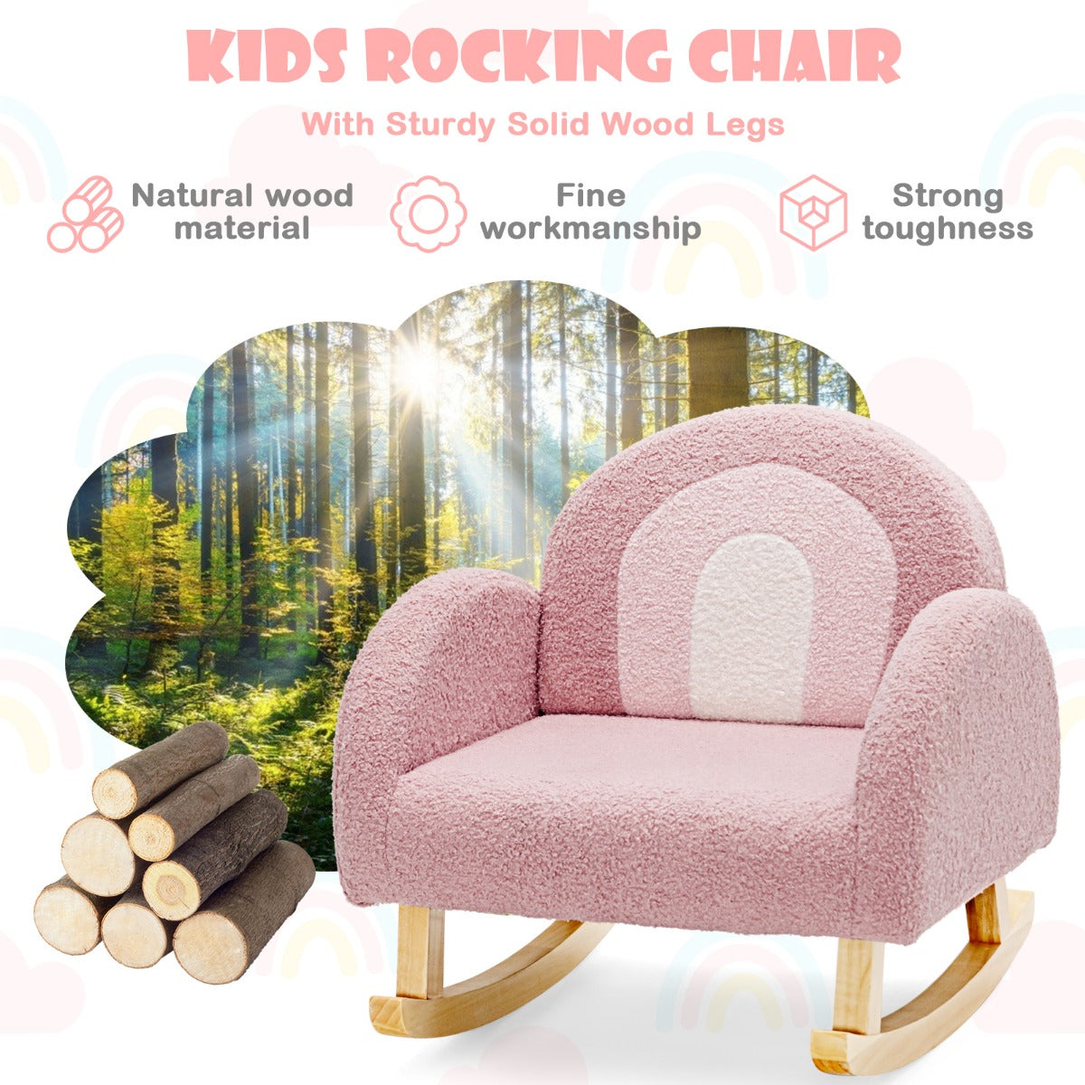 LIVSK Kinderschommelstoel - Ergonomisch Design - Zachte Velours - Massief Houten Poten - Tot 50 kg - Roze