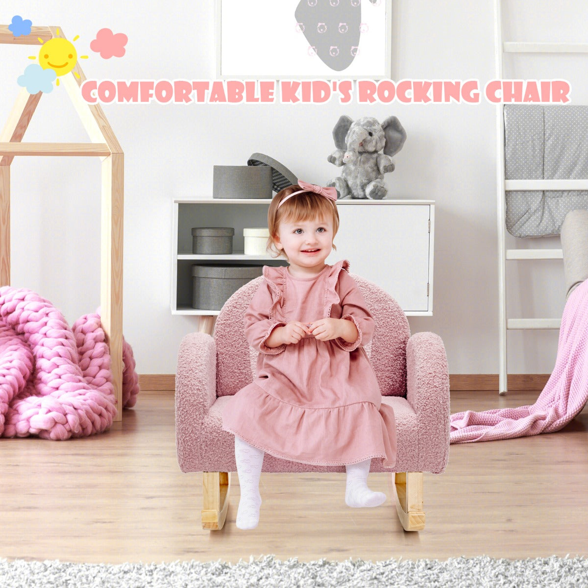 LIVSK Kinderschommelstoel - Ergonomisch Design - Zachte Velours - Massief Houten Poten - Tot 50 kg - Roze