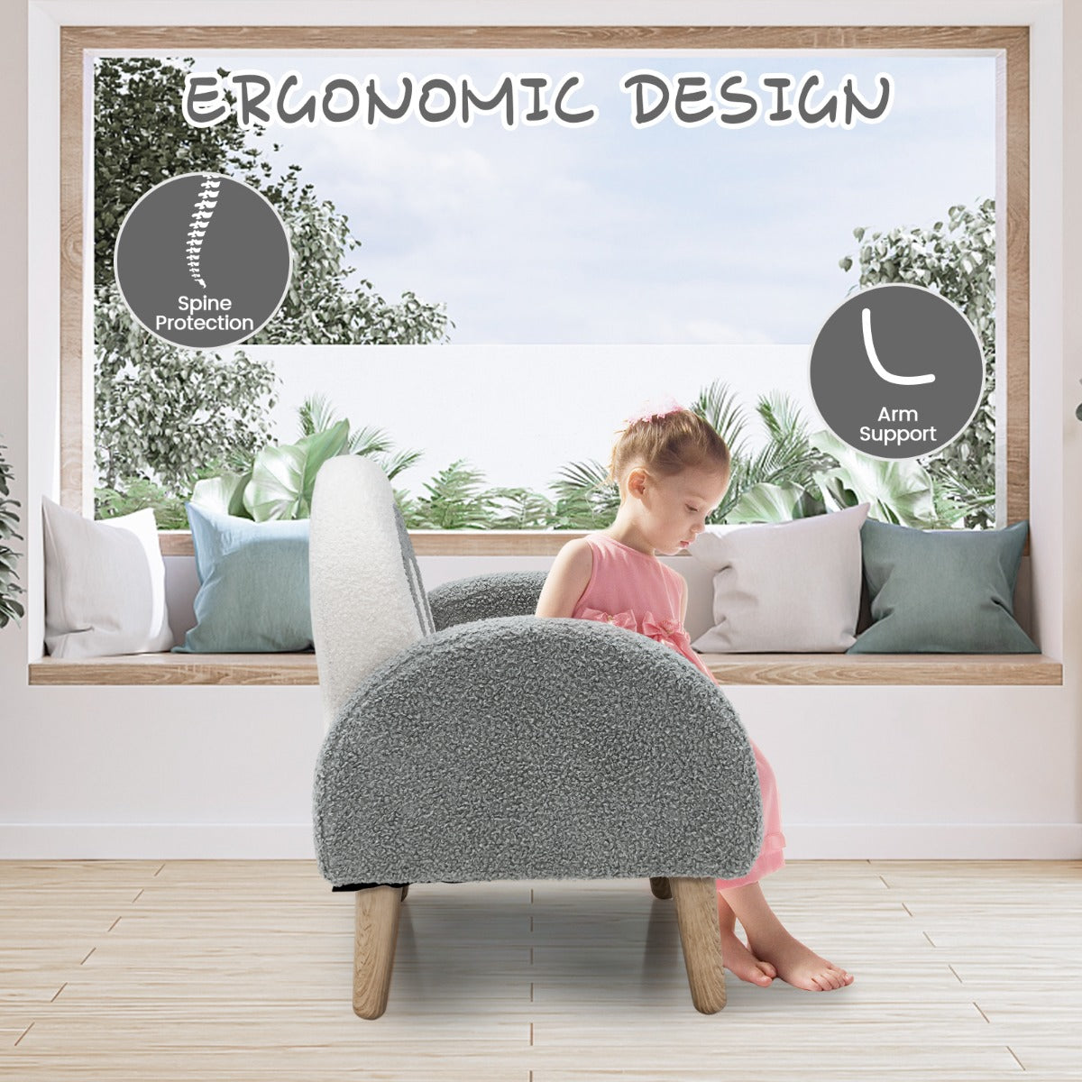 LIVSK Kinderstoel met Regenboogpatroon - Zacht Teddyfluweel - Ergonomisch Ontwerp - Tot 50 kg - 51 x 42 x 51 cm - Grijs