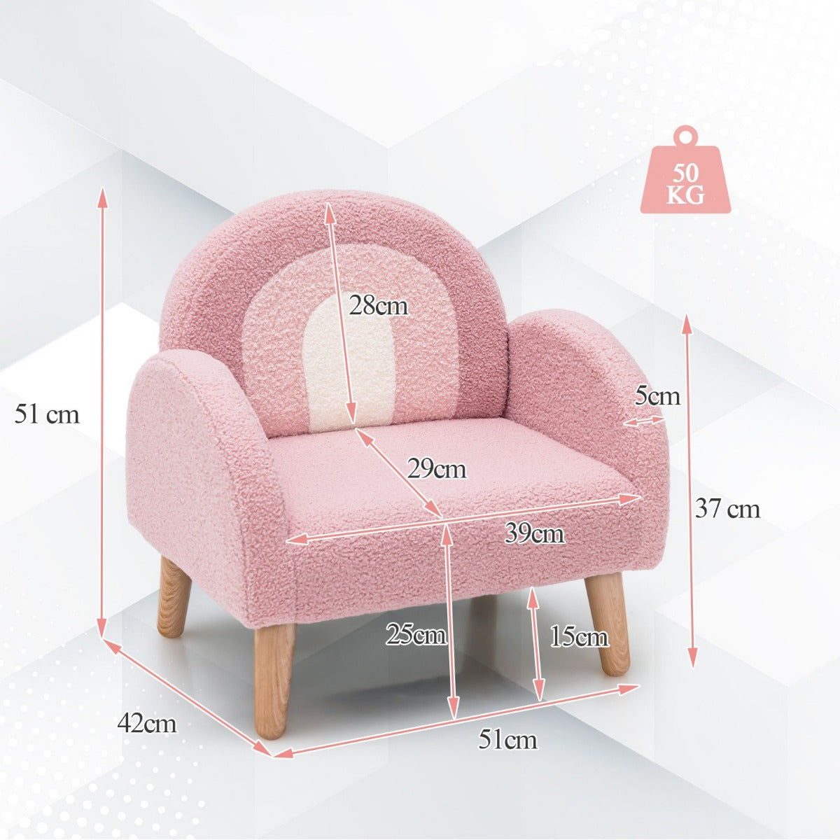 LIVSK Gevoerde Kinderstoel - Ergonomisch met Regenboogpatroon - Zacht Teddyfluweel - Tot 50 kg - 3-5 jaar - Roze