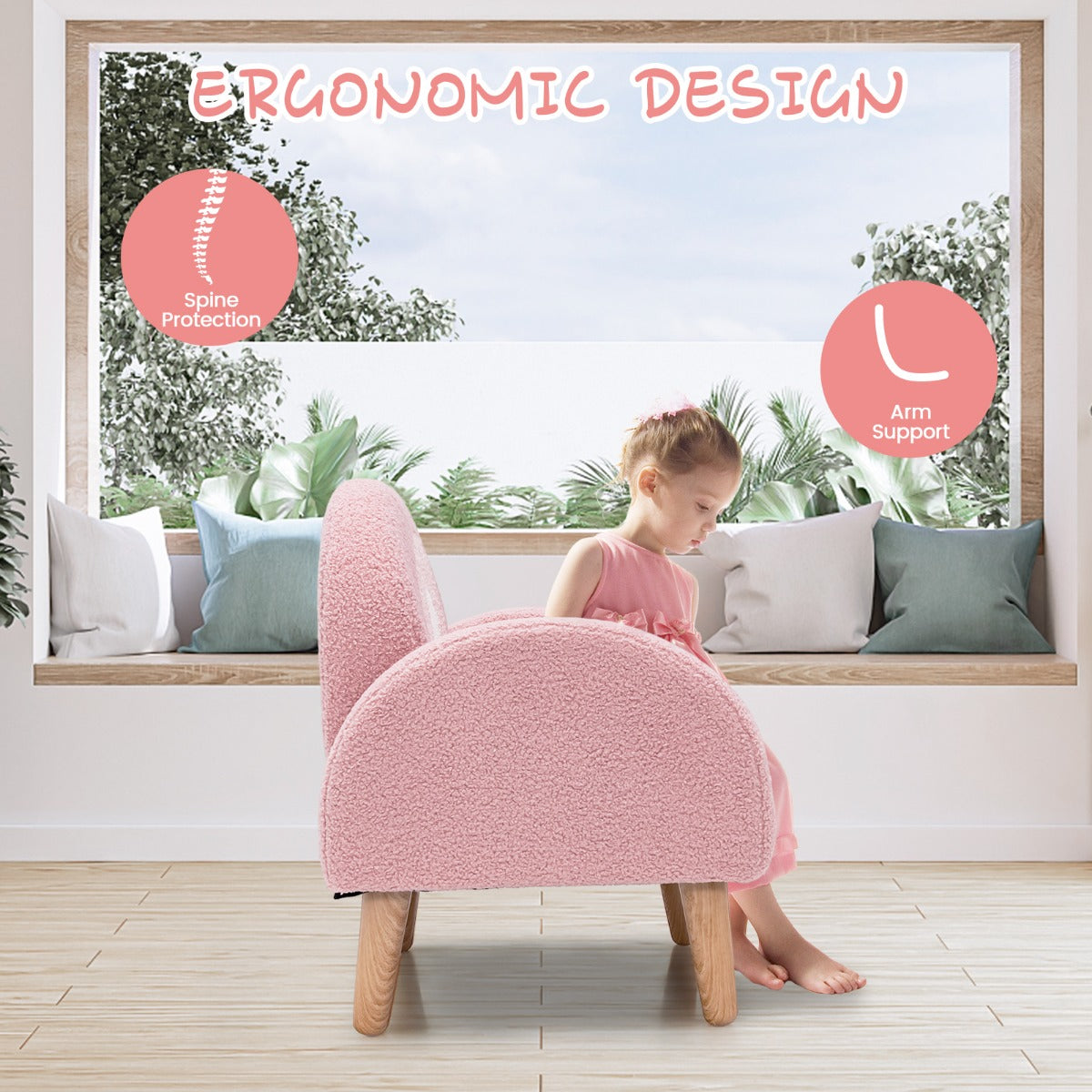 LIVSK Gevoerde Kinderstoel - Ergonomisch met Regenboogpatroon - Zacht Teddyfluweel - Tot 50 kg - 3-5 jaar - Roze