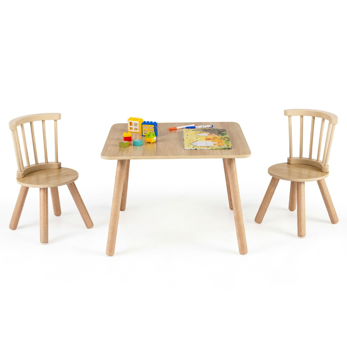 Livsk costway kindertafel en 2 stoelen set houten kinderactiviteitentafel set met gebogen spindelrugleuningen ronde zittingen en massief houten poten naturel 1