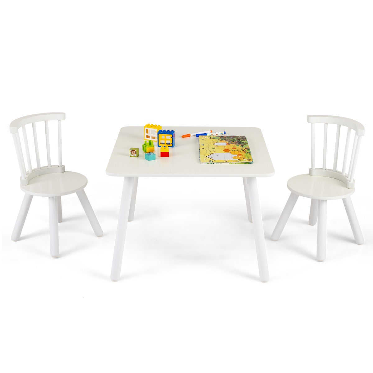 Livsk costway kindertafel en 2 stoelen set houten kinderactiviteitentafel set met gebogen spindelrugleuningen ronde zittingen en massief houten poten wit 1