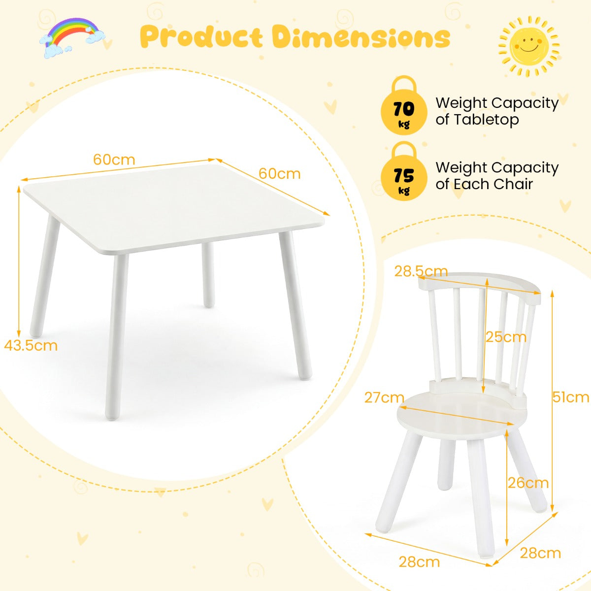 Livsk costway kindertafel en 2 stoelen set houten kinderactiviteitentafel set met gebogen spindelrugleuningen ronde zittingen en massief houten poten wit