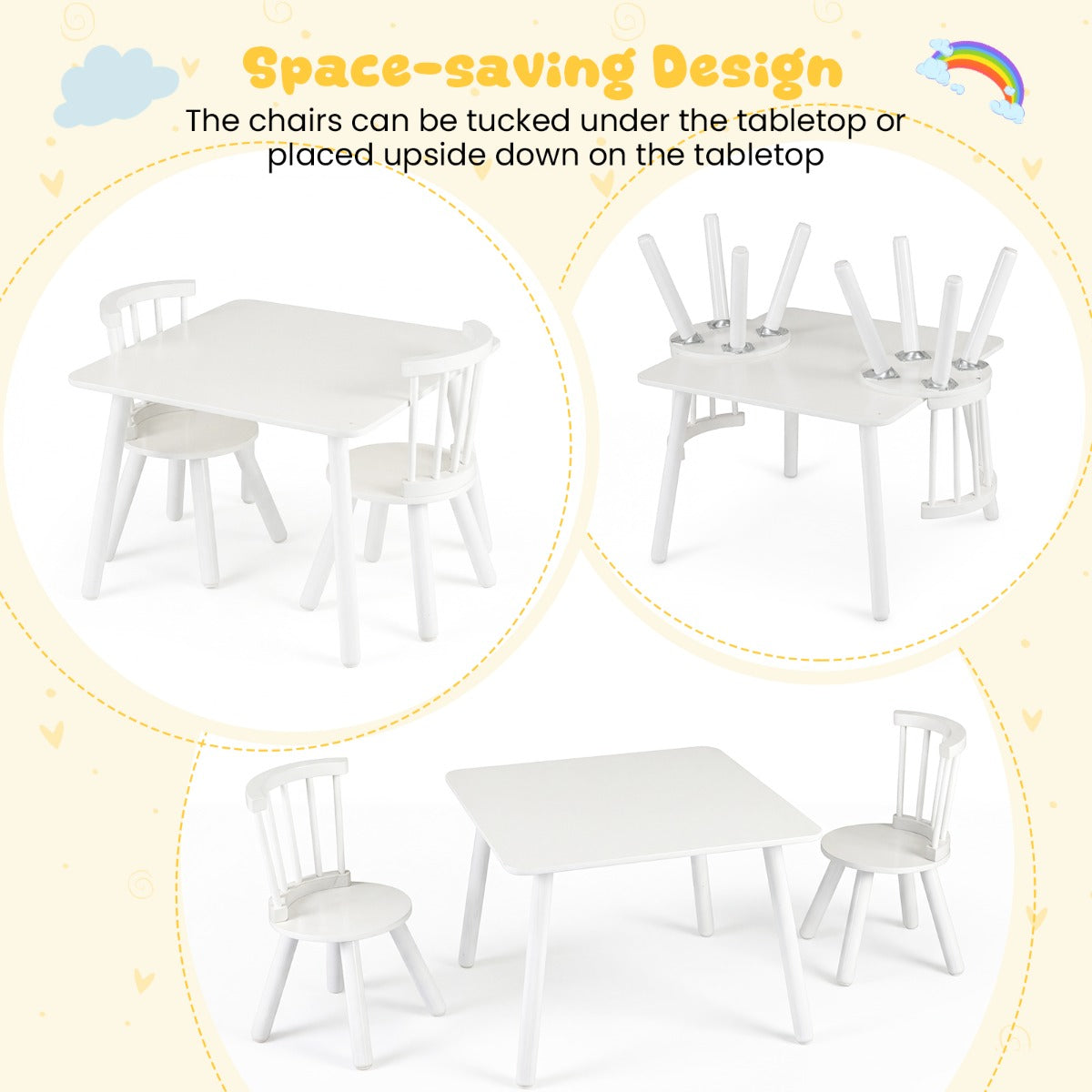 Livsk costway kindertafel en 2 stoelen set houten kinderactiviteitentafel set met gebogen spindelrugleuningen ronde zittingen en massief houten poten wit