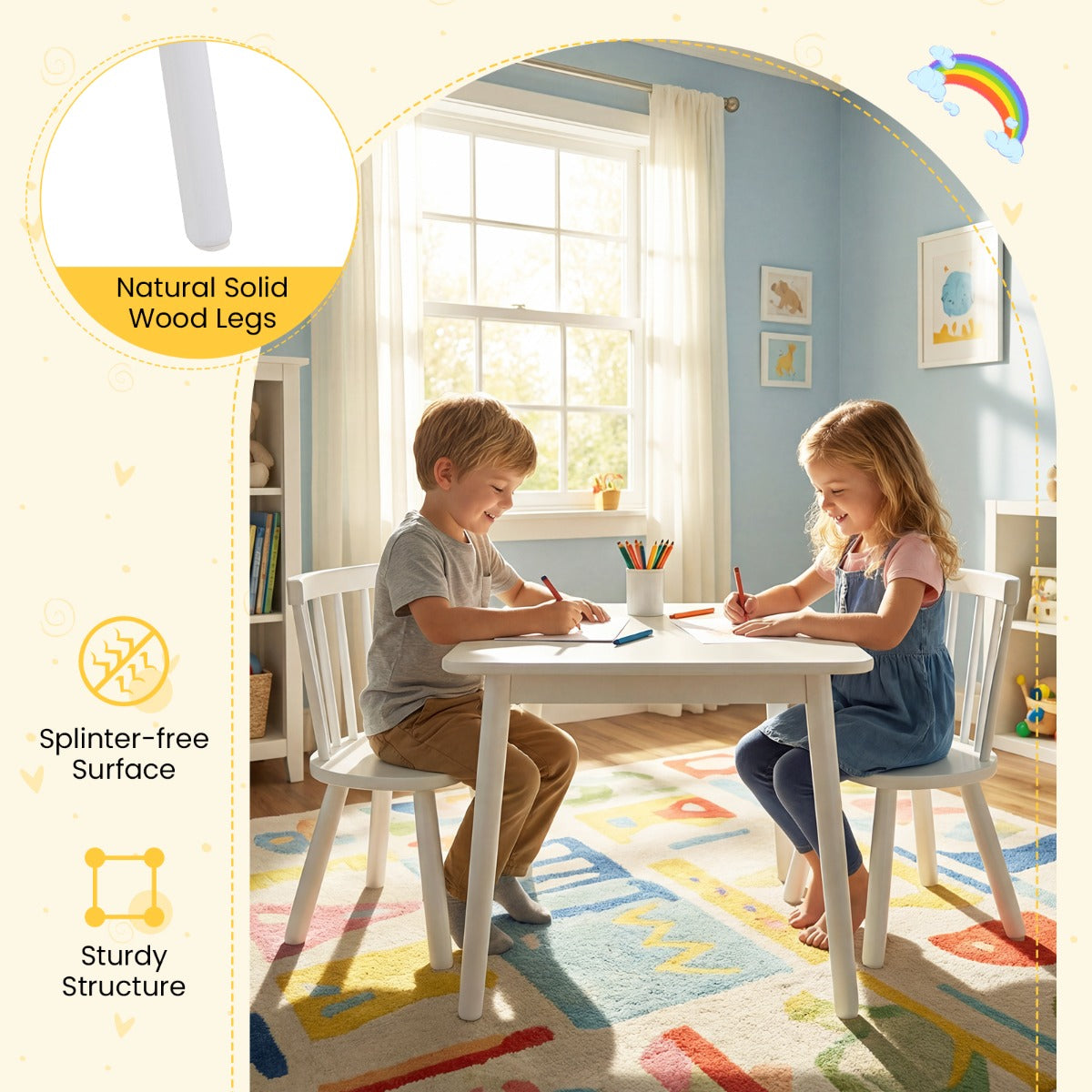 Livsk costway kindertafel en 2 stoelen set houten kinderactiviteitentafel set met gebogen spindelrugleuningen ronde zittingen en massief houten poten wit
