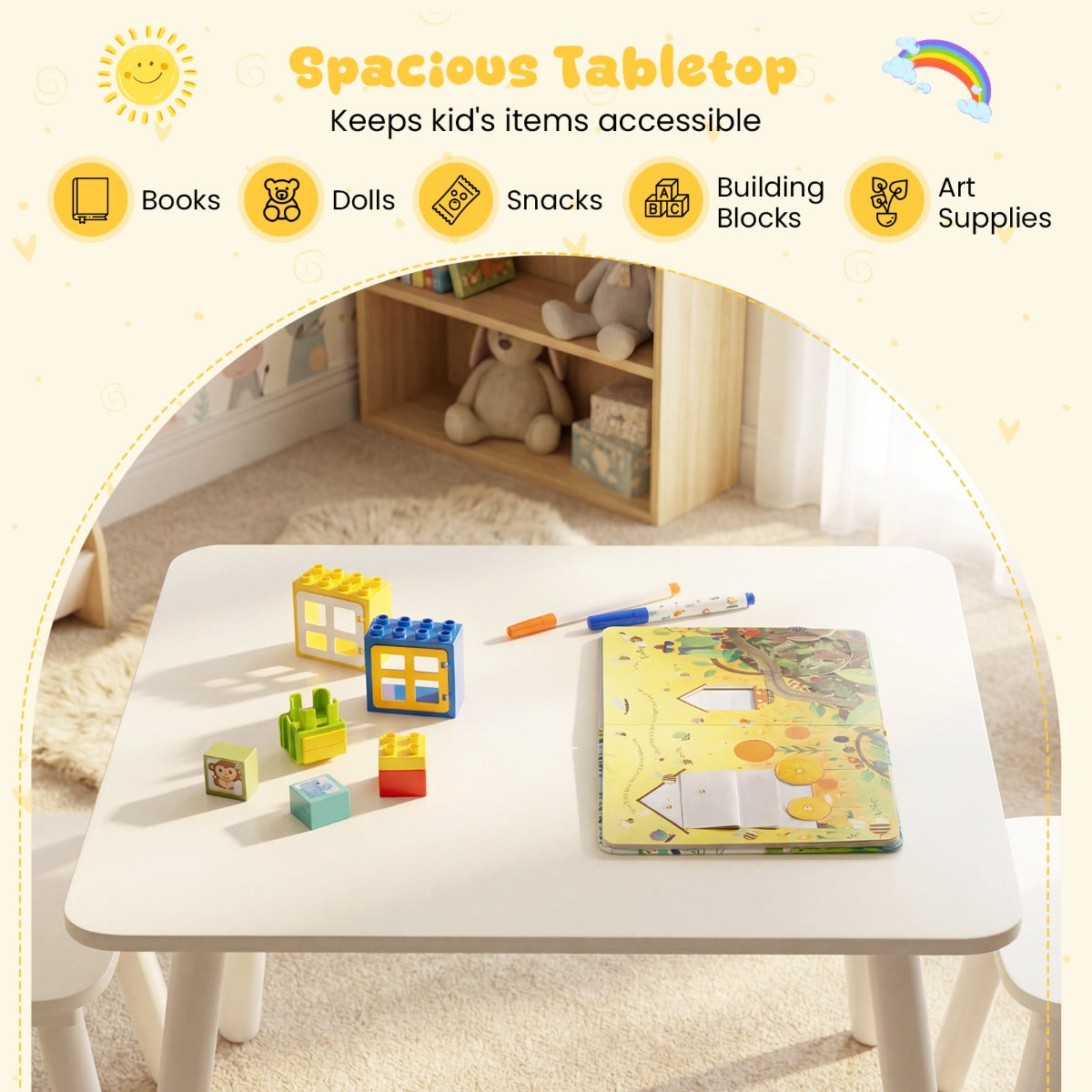 Livsk costway kindertafel en 2 stoelen set houten kinderactiviteitentafel set met gebogen spindelrugleuningen ronde zittingen en massief houten poten wit