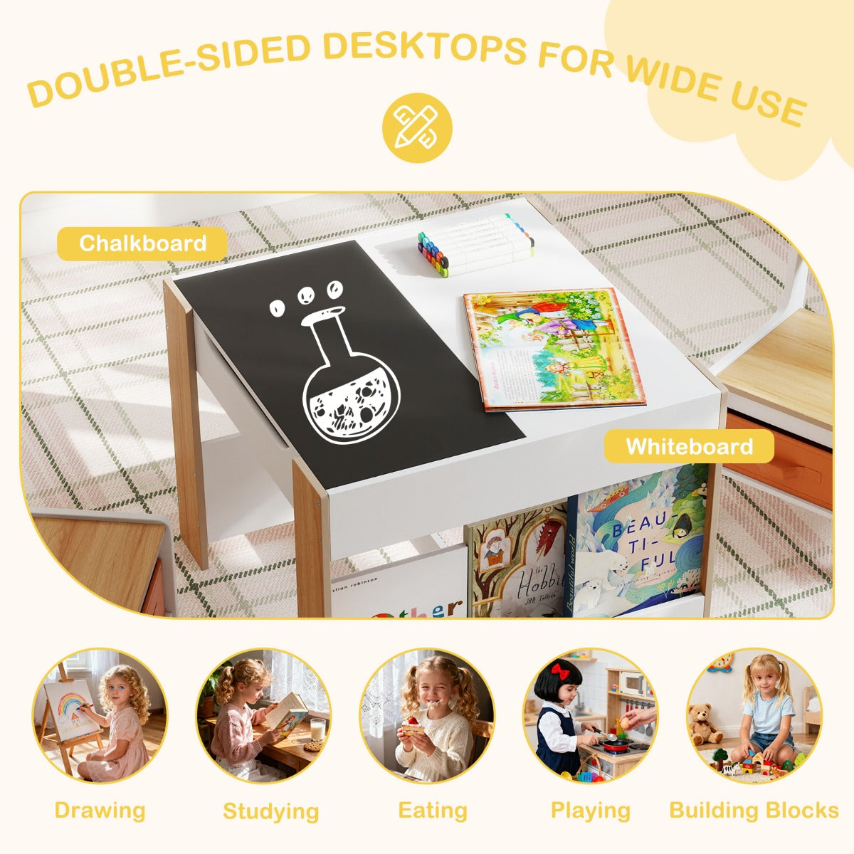 Livsk costway kindertafel en stoelenset 4 in 1 dubbelzijdige actieve tafel twee stoelen naturel 5