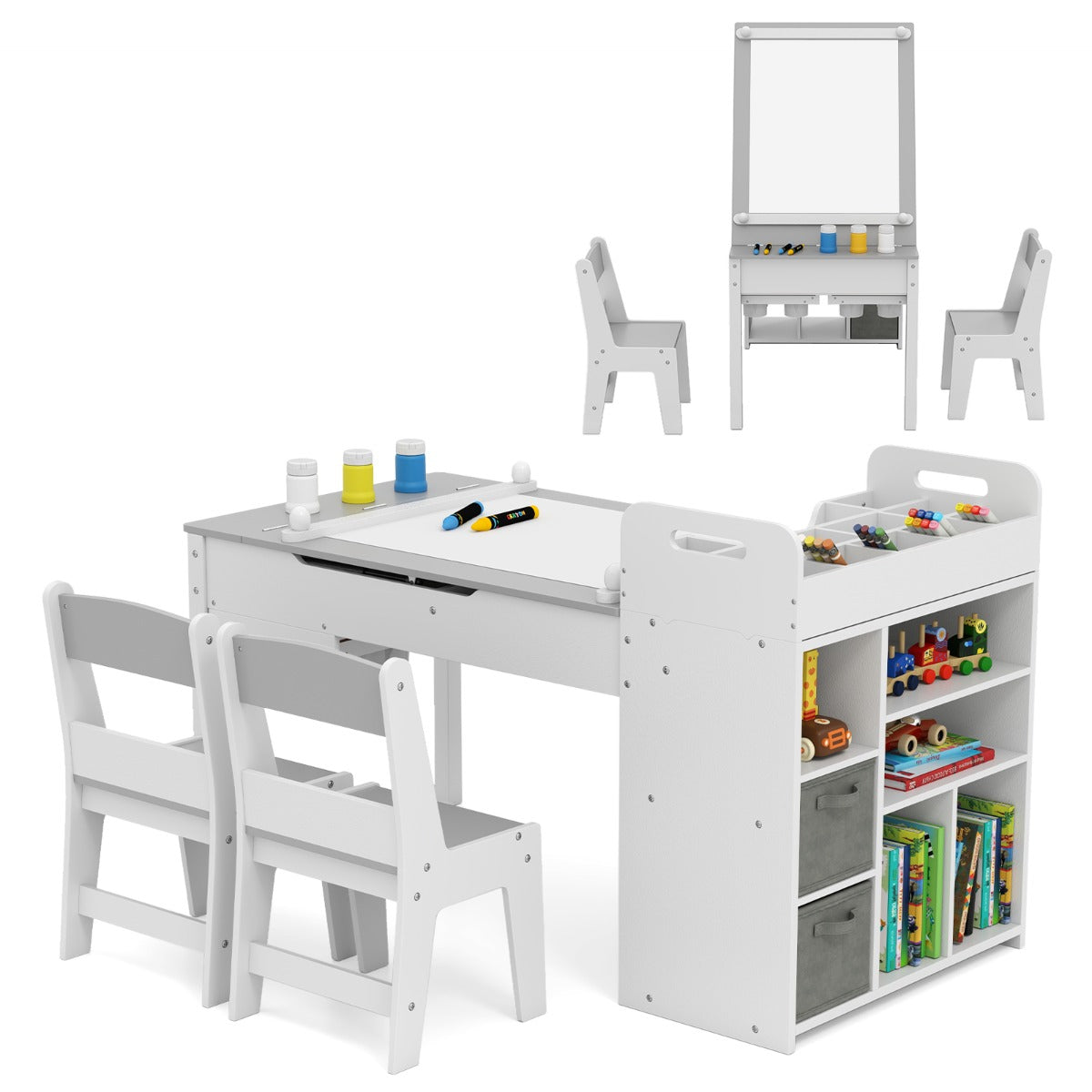 LIVSK Kunsttafelset met Klapdeksel - Activiteitencentrum met Papierroldispenser - Veilig en Stevig - Grijs/Natuurlijk