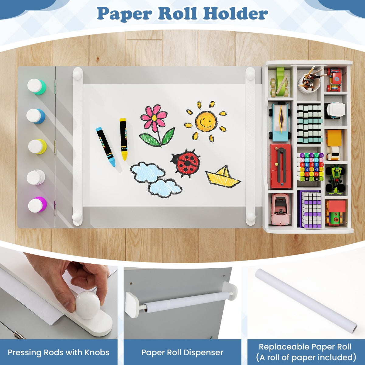 LIVSK Kunsttafelset met Klapdeksel - Activiteitencentrum met Papierroldispenser - Veilig en Stevig - Grijs/Natuurlijk