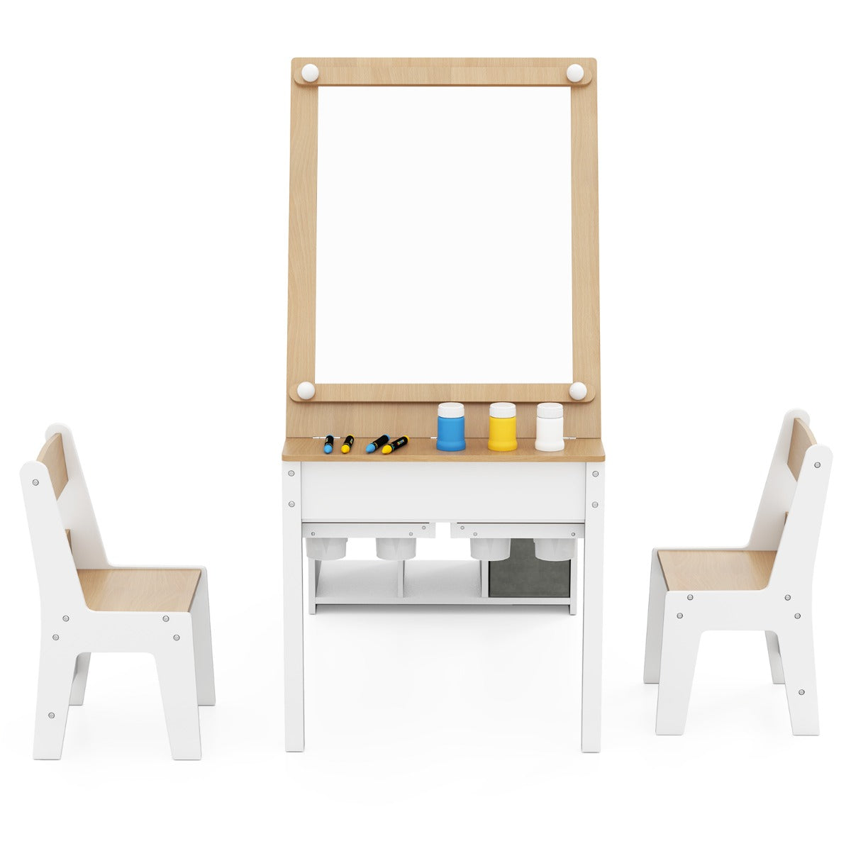 LIVSK kinderkunsttafelset - Opklapbaar met papierroldispenser - Inclusief opbergvakken en stoelen - Veilig en stevig -