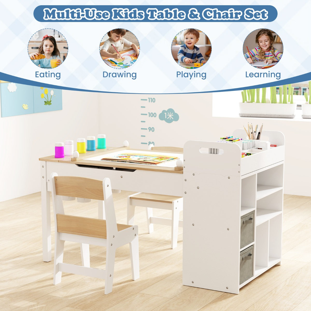 LIVSK kinderkunsttafelset - Opklapbaar met papierroldispenser - Inclusief opbergvakken en stoelen - Veilig en stevig -