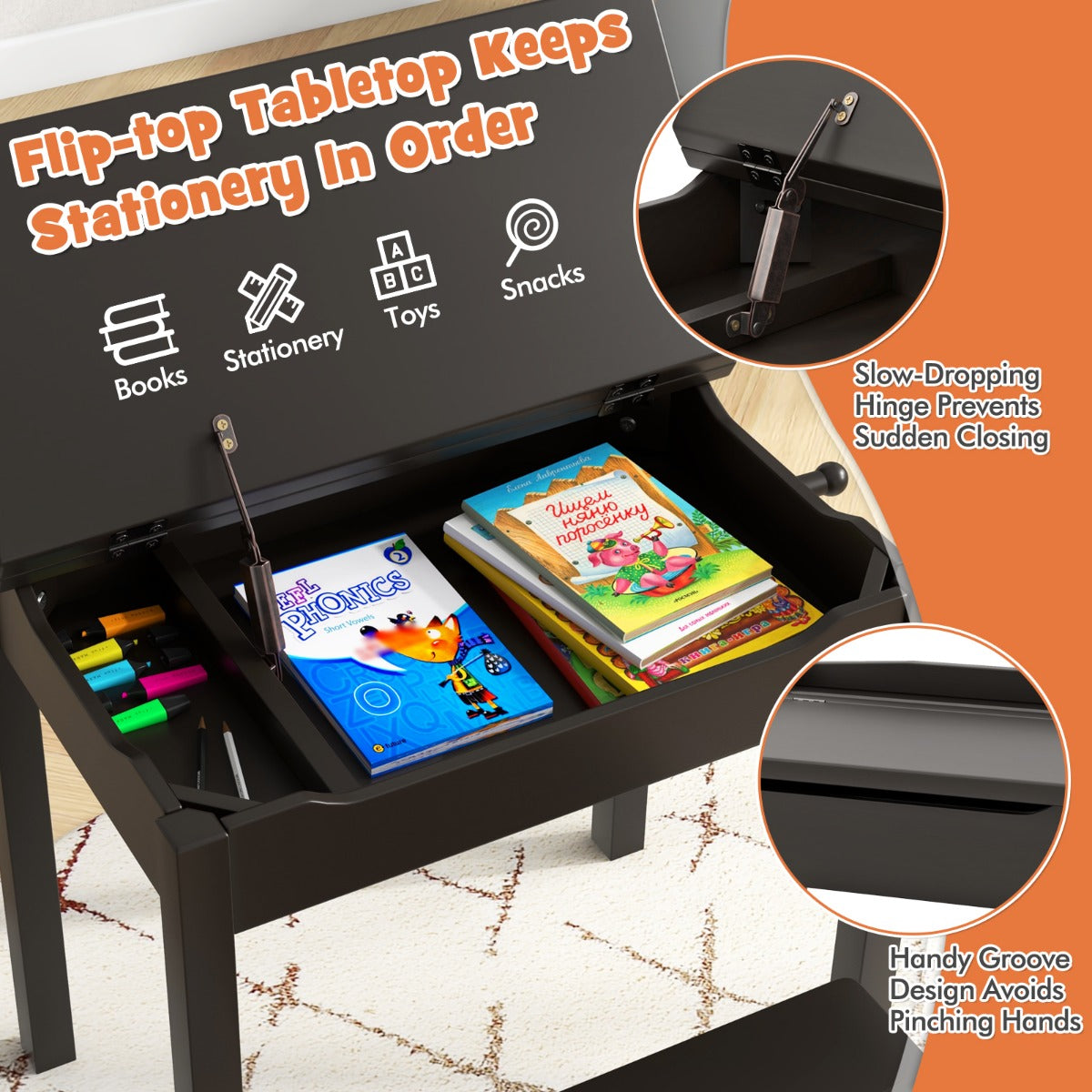 Livsk costway kindertafel en stoelenset opklapbaar bureau met stoel massief houten activiteitentafelset met veiligheidsscharnier uittrekbare lade koffie 2