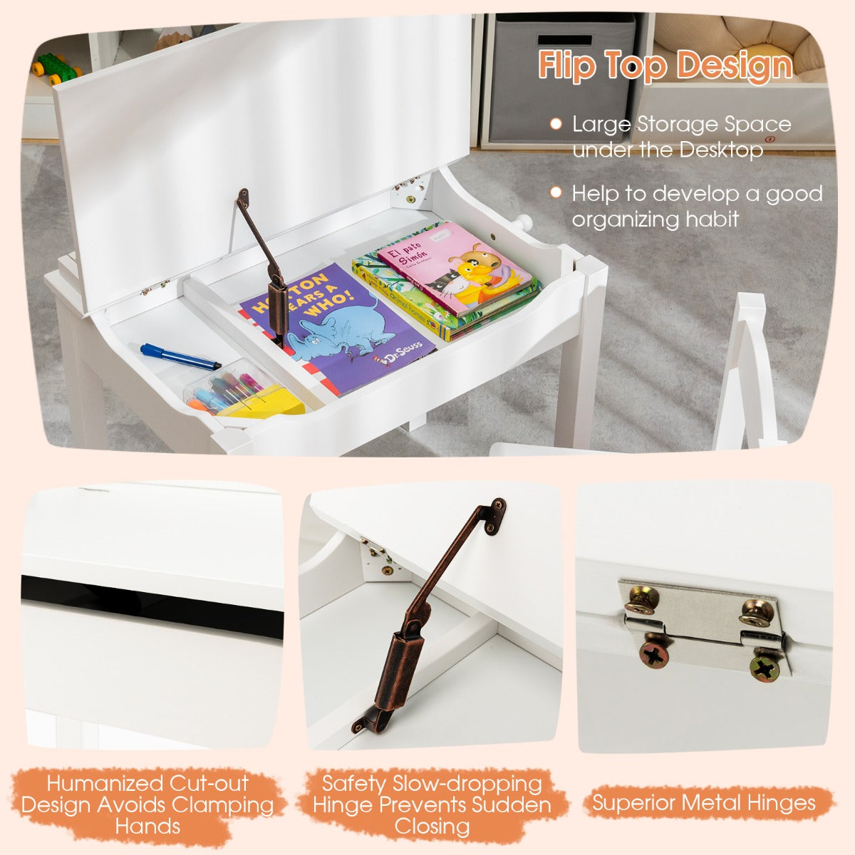 LIVSK Kindertafel en Stoelenset - Opklapbaar Bureau met Uittrekbare Lade - Ergonomisch Ontwerp - Massief Hout - Wit