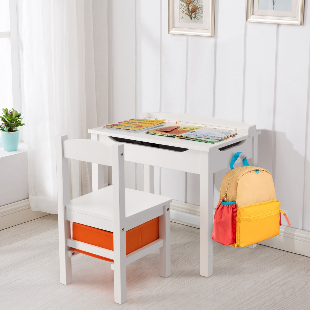 LIVSK Kindertafel en Stoelenset - Opklapbaar Bureau met Uittrekbare Lade - Ergonomisch Ontwerp - Massief Hout - Wit