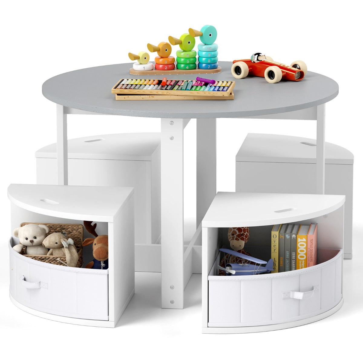 LIVSK Kindertafel en Krukjes Set - 4 Opbergkrukjes - Stevig MDF - Veilig en Duurzaam - Geschikt tot 90 kg - Grijs en Wit