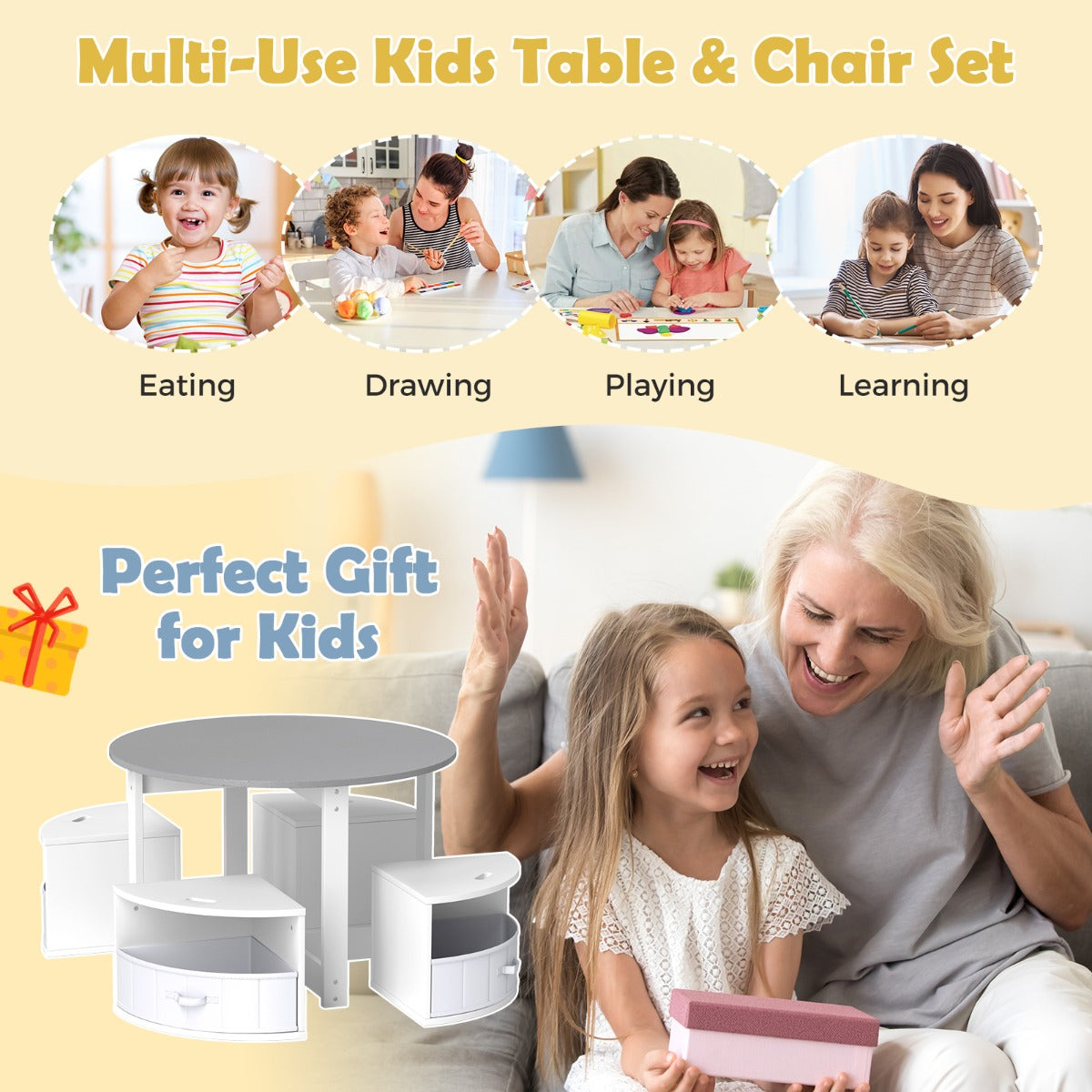 LIVSK Kindertafel en Krukjes Set - 4 Opbergkrukjes - Stevig MDF - Veilig en Duurzaam - Geschikt tot 90 kg - Grijs en Wit
