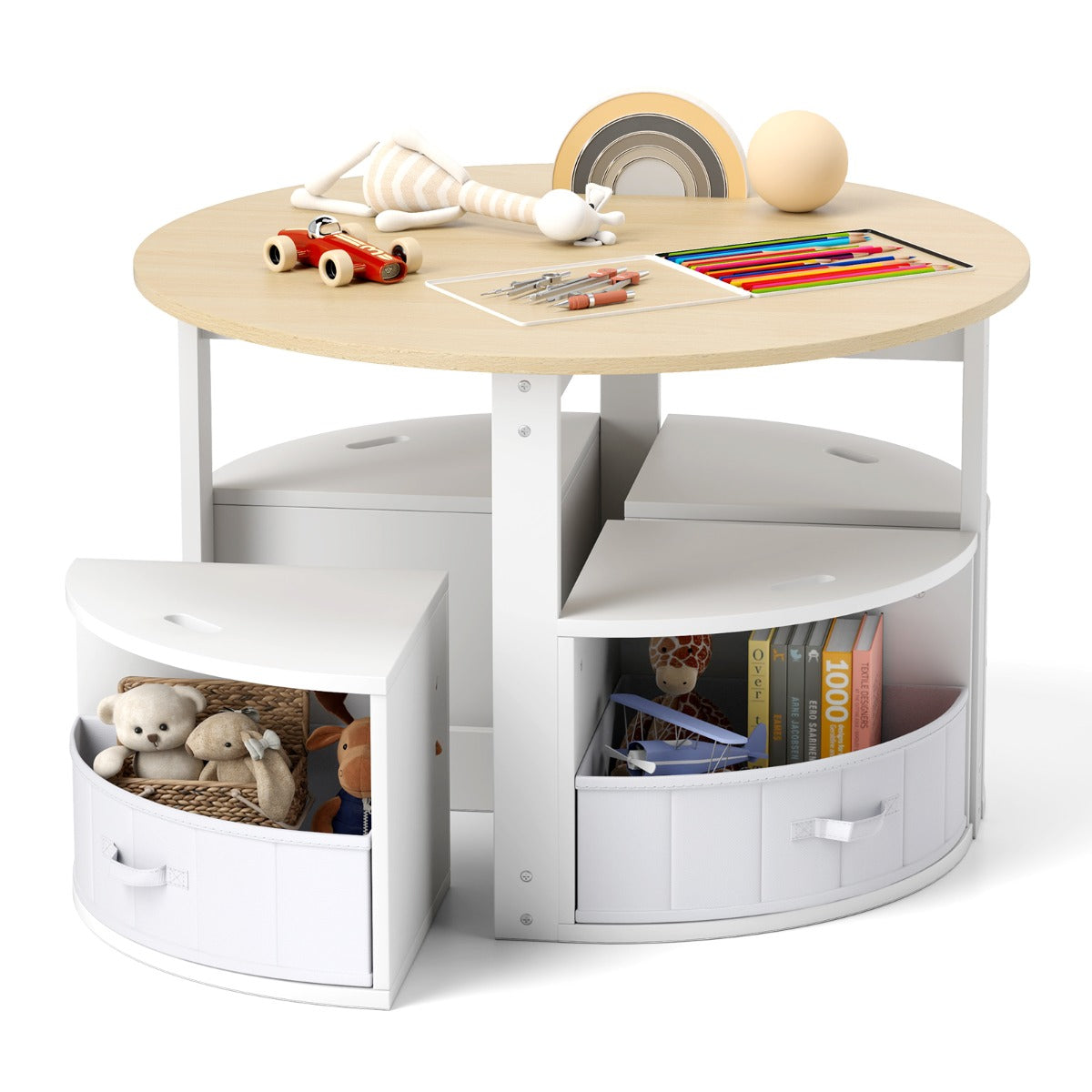 LIVSK Kindertafel en Krukjes Set - Ronde Tafel met 4 Opbergkrukjes - Veilig en Duurzaam - Voor Activiteiten - Grijs en Wit