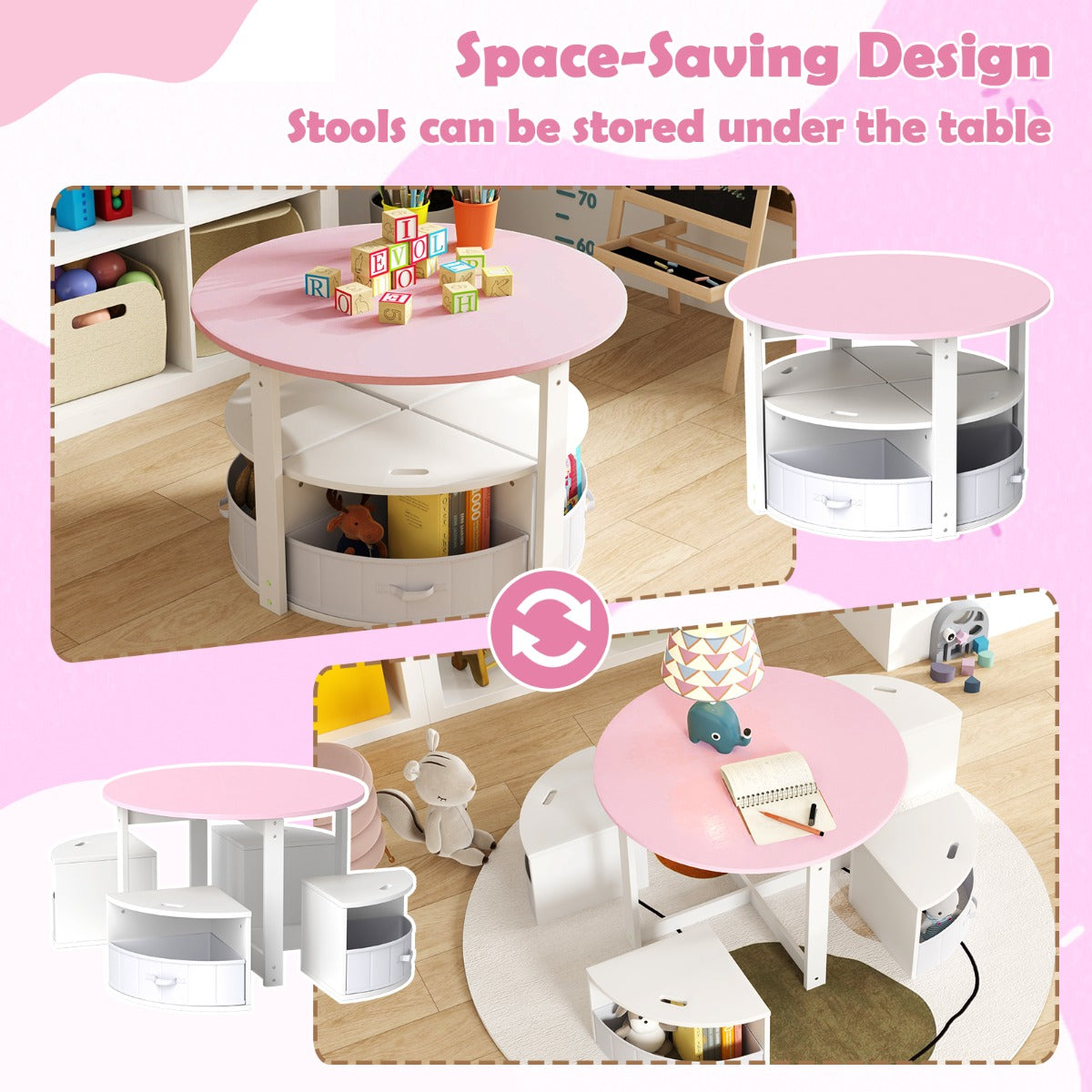 Livsk costway kindertafel en stoelenset ronde nesttafel met 4 krukken 4 stoffen lades voor activiteiten spelletjes kunst roze en wit