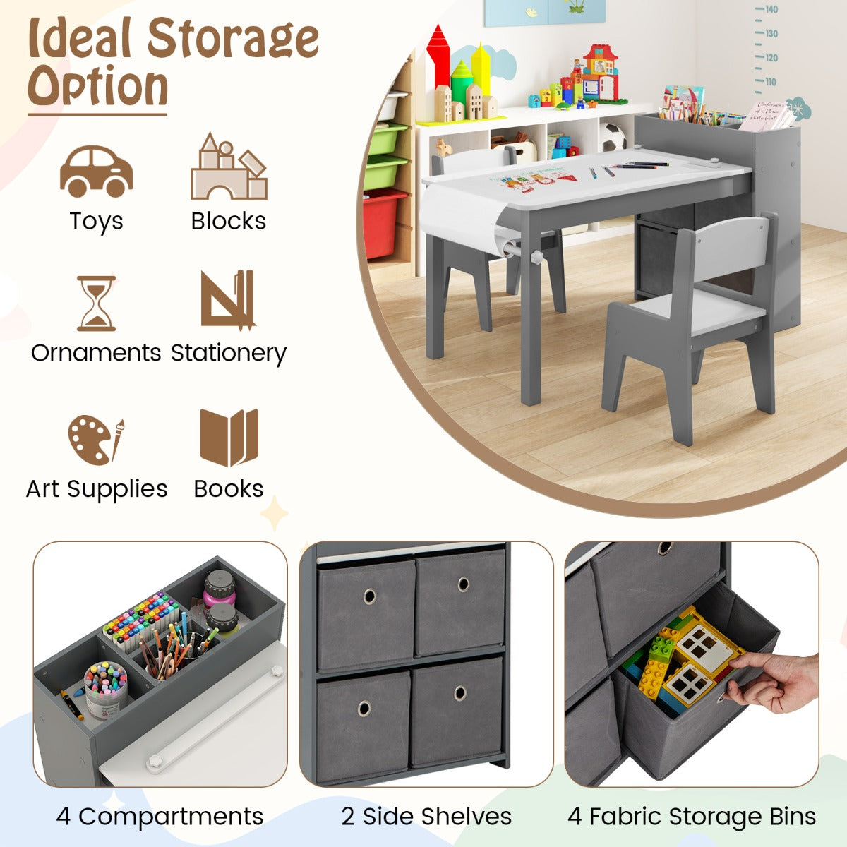 Livsk costway kindertafel en stoelenset tekentafel met 2 stoelen papierhouder en rol 4 stoffen bakken open planken activiteitentafel grijs 4
