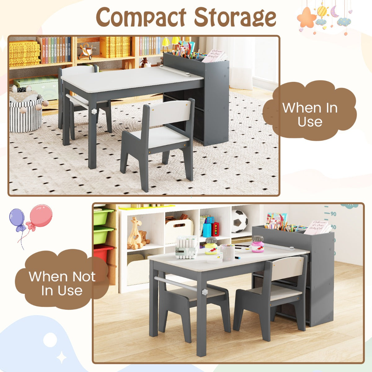 Livsk costway kindertafel en stoelenset tekentafel met 2 stoelen papierhouder en rol 4 stoffen bakken open planken activiteitentafel grijs 5