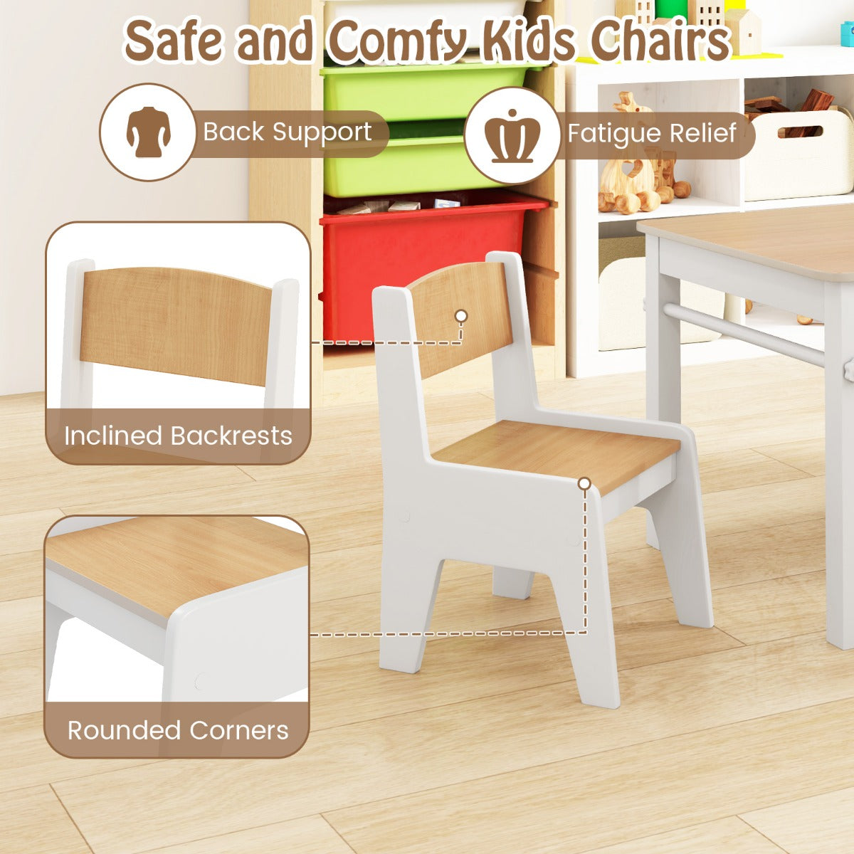 Livsk costway kindertafel en stoelenset tekentafel met 2 stoelen papierhouder en rol 4 stoffen bakken open planken activiteitentafel naturel 6