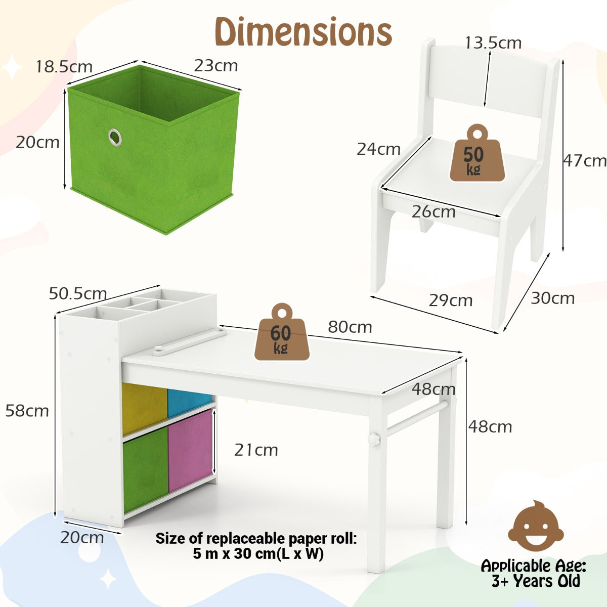 Livsk costway kindertafel en stoelenset tekentafel met 2 stoelen papierhouder en rol 4 stoffen bakken open planken activiteitentafel voor de speelkamer wit 2