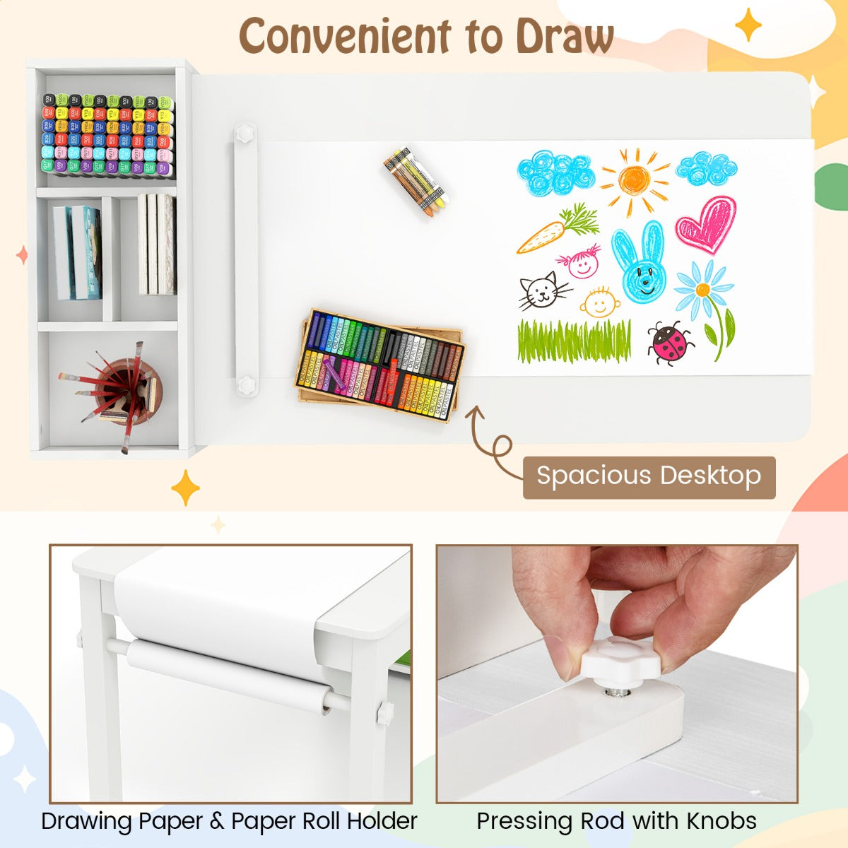 Livsk costway kindertafel en stoelenset tekentafel met 2 stoelen papierhouder en rol 4 stoffen bakken open planken activiteitentafel voor de speelkamer wit 3
