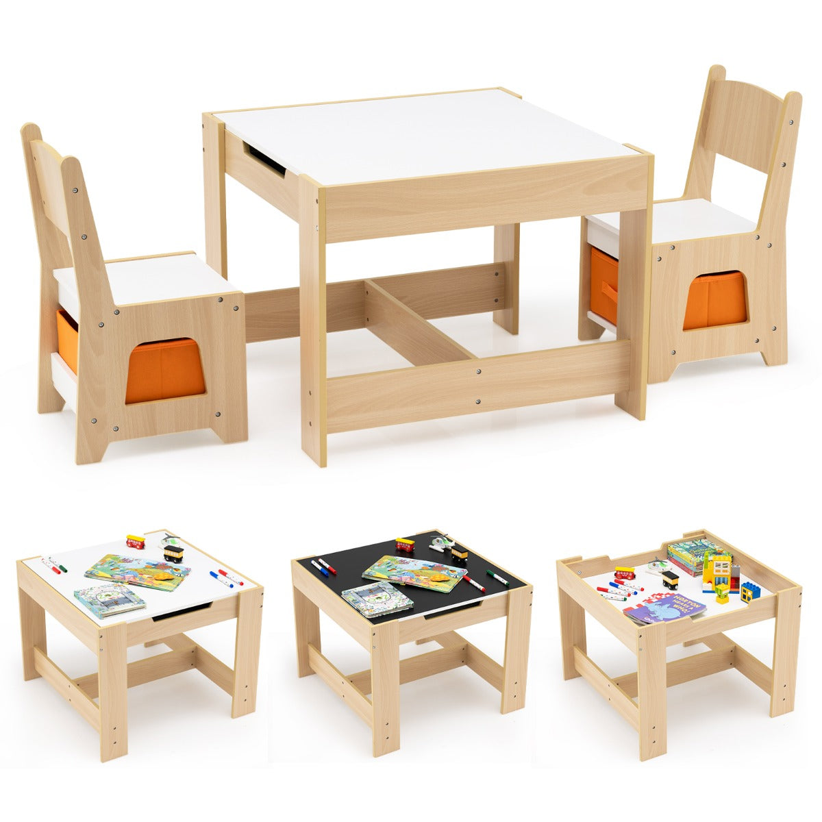 Livsk costway kindertafel en stoelset houten activiteiten tafel met 2 zitplaatsen afneembaar dubbelzijdig tafelblad 1 1