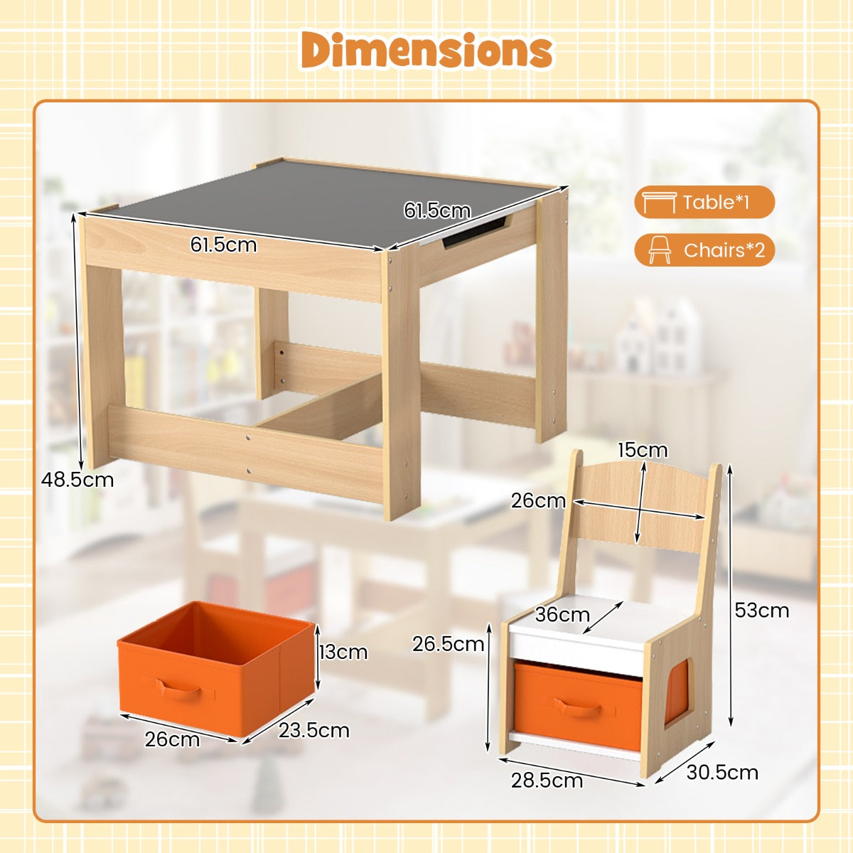 Livsk costway kindertafel en stoelset houten activiteiten tafel met 2 zitplaatsen afneembaar dubbelzijdig tafelblad 2