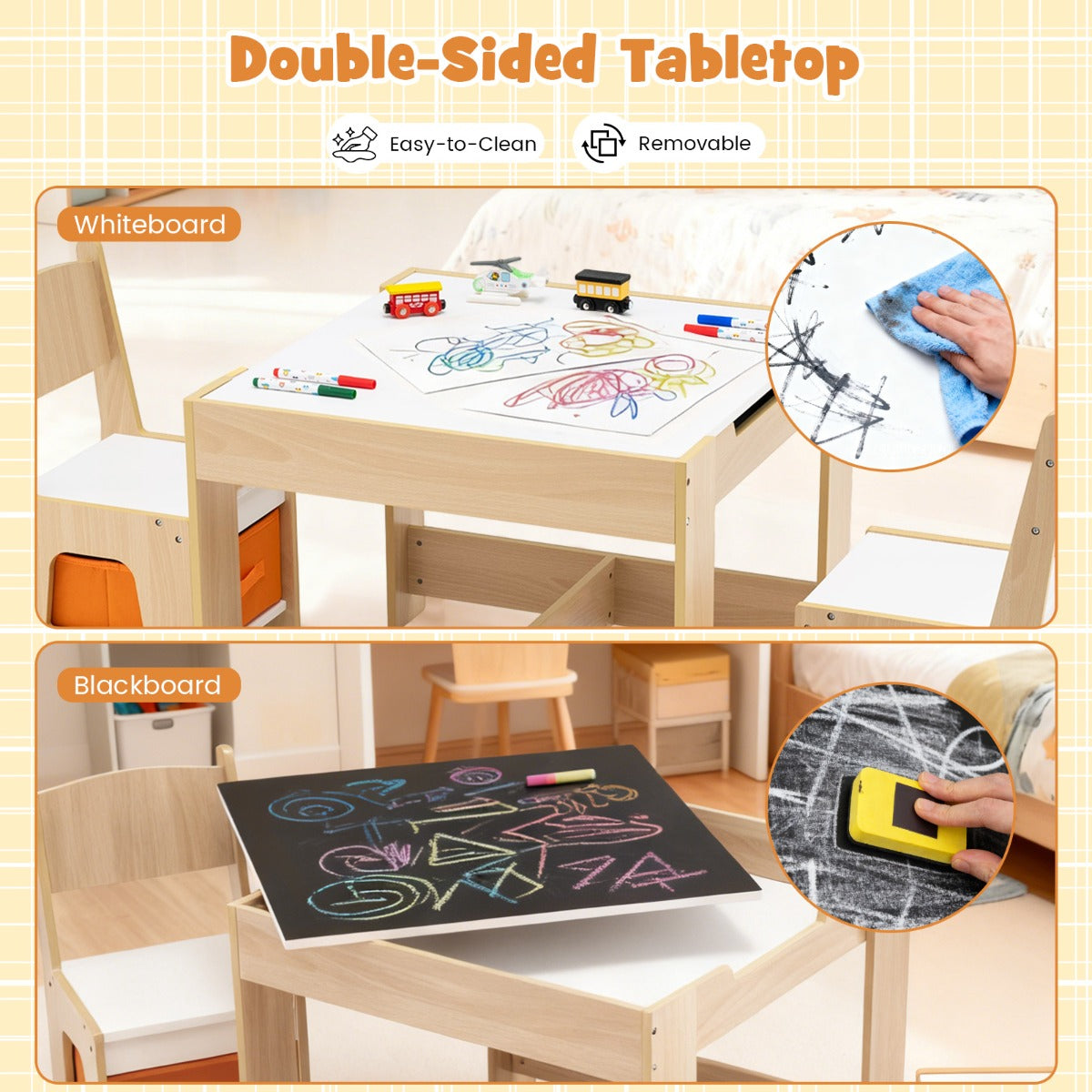 Livsk costway kindertafel en stoelset houten activiteiten tafel met 2 zitplaatsen afneembaar dubbelzijdig tafelblad 5