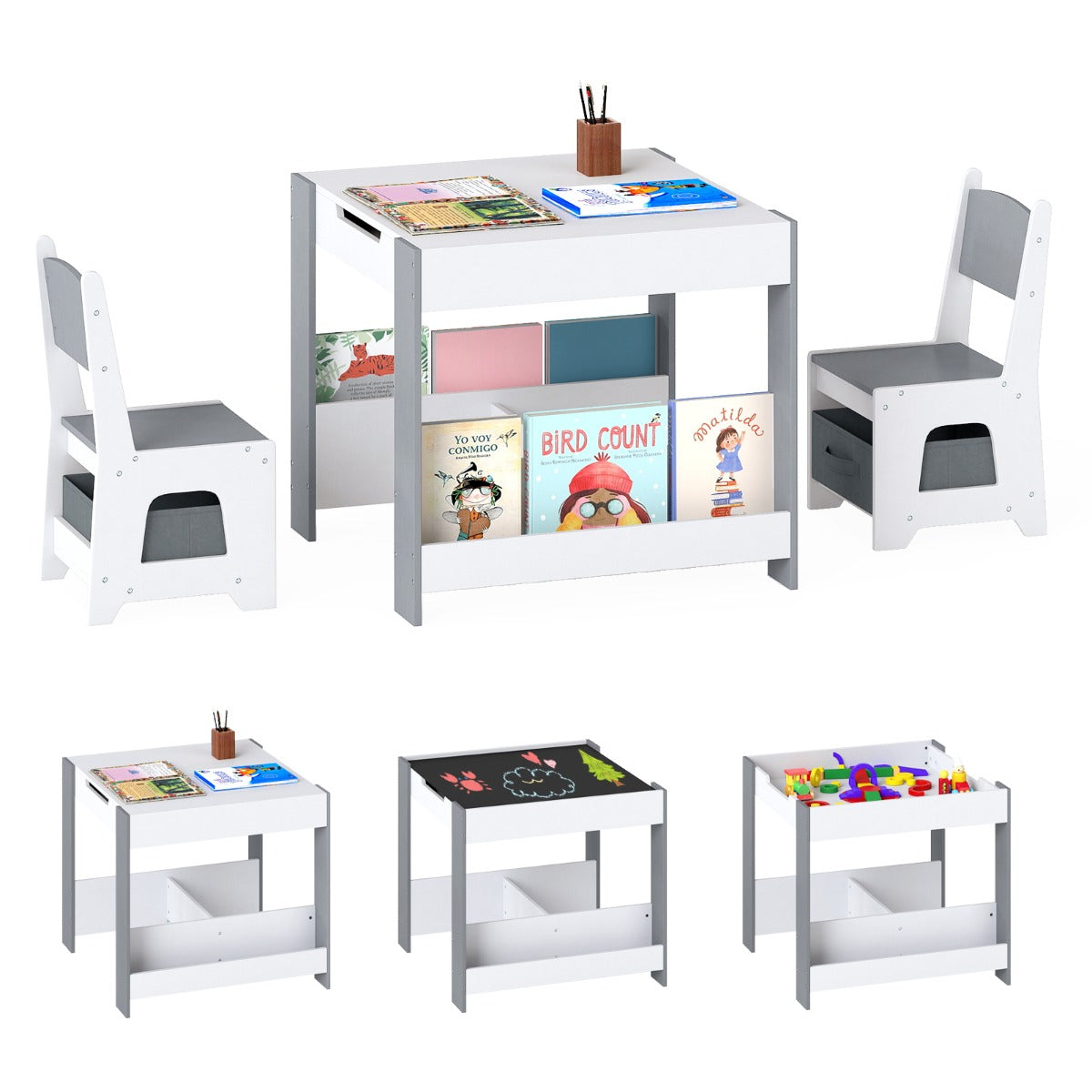 Livsk costway kindertafel en stoelset houten peuteractiviteitentafel met opklapbaar blad boekenplank en lades grijs