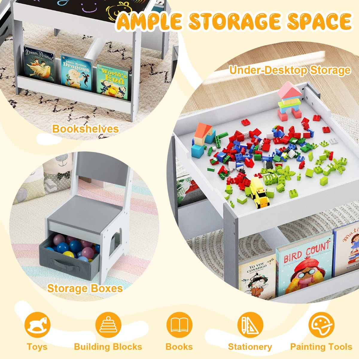 Livsk costway kindertafel en stoelset houten peuteractiviteitentafel met opklapbaar blad boekenplank en lades grijs 2